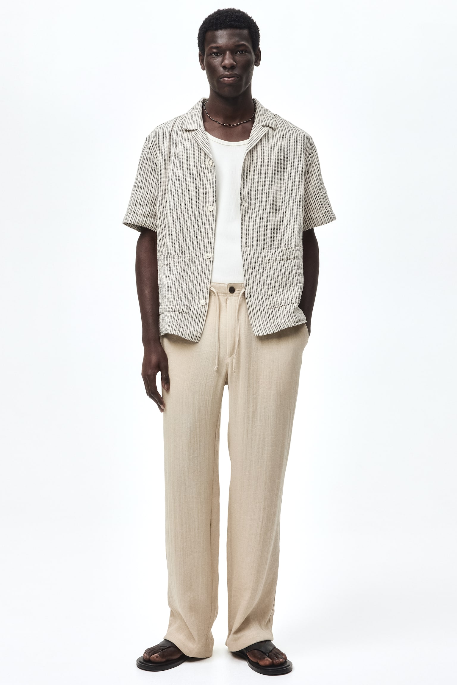 Regular Fit Resort shirt - Cream/Striped/Dark khaki green/Cream - 1