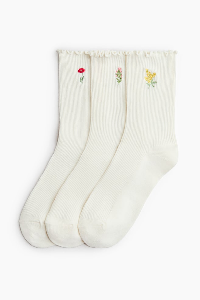 Calze con dettaglio a overlock 3 paia - Bianco/fiori/Rosa cipria/glitter/Rosa/bianco - 1