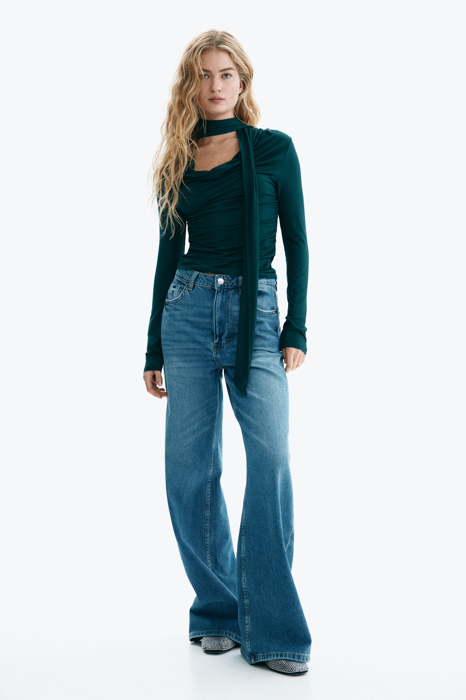 Draperet top med tørklædedetalje - Mørkegrøn/Sort/Mørk beige - 4