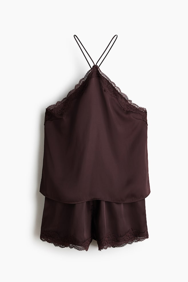 Lace-trimmed satin pyjamas - Dark brown - 1