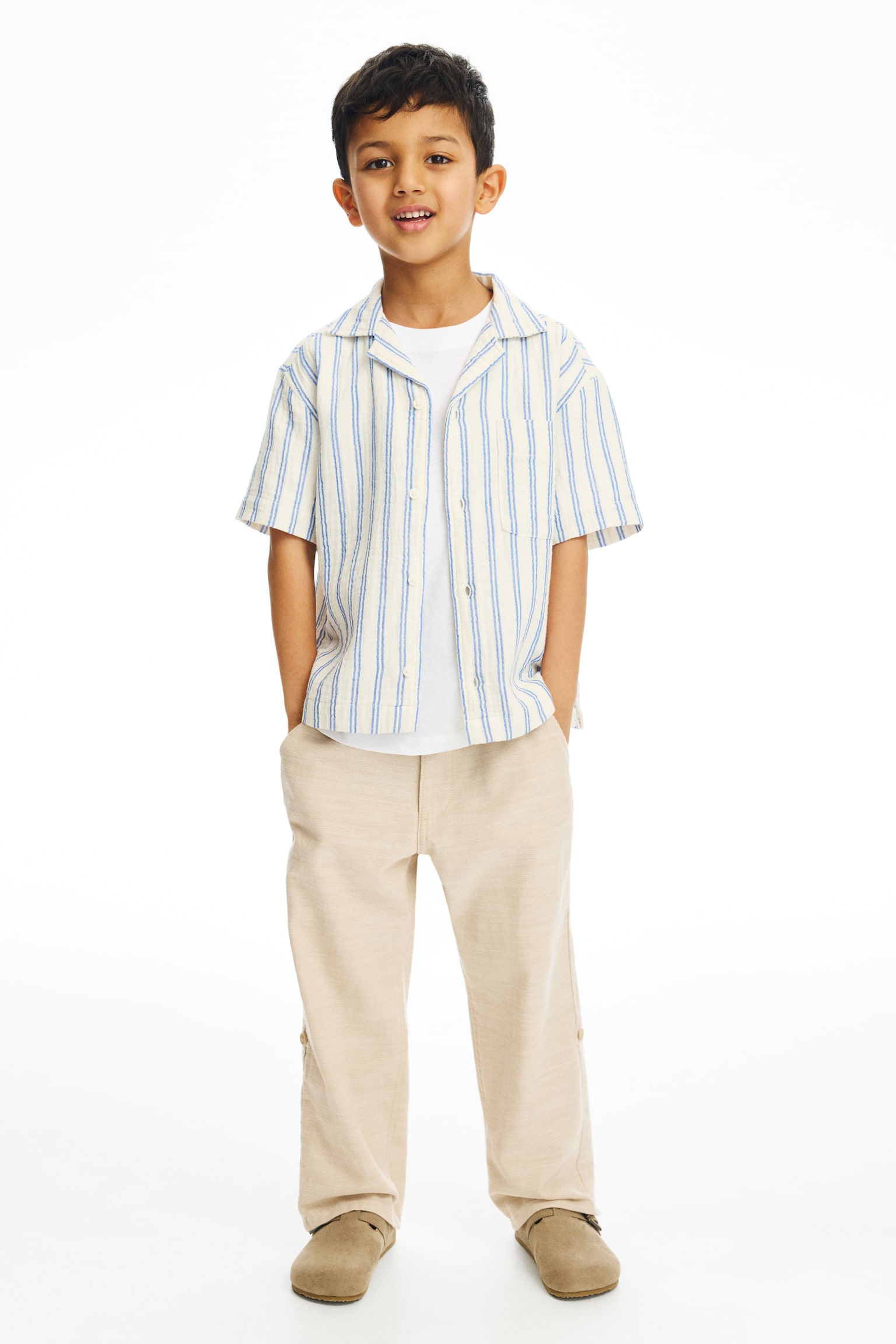 Cotton roll-up trousers - Light beige/Dark blue/Dark beige - 1