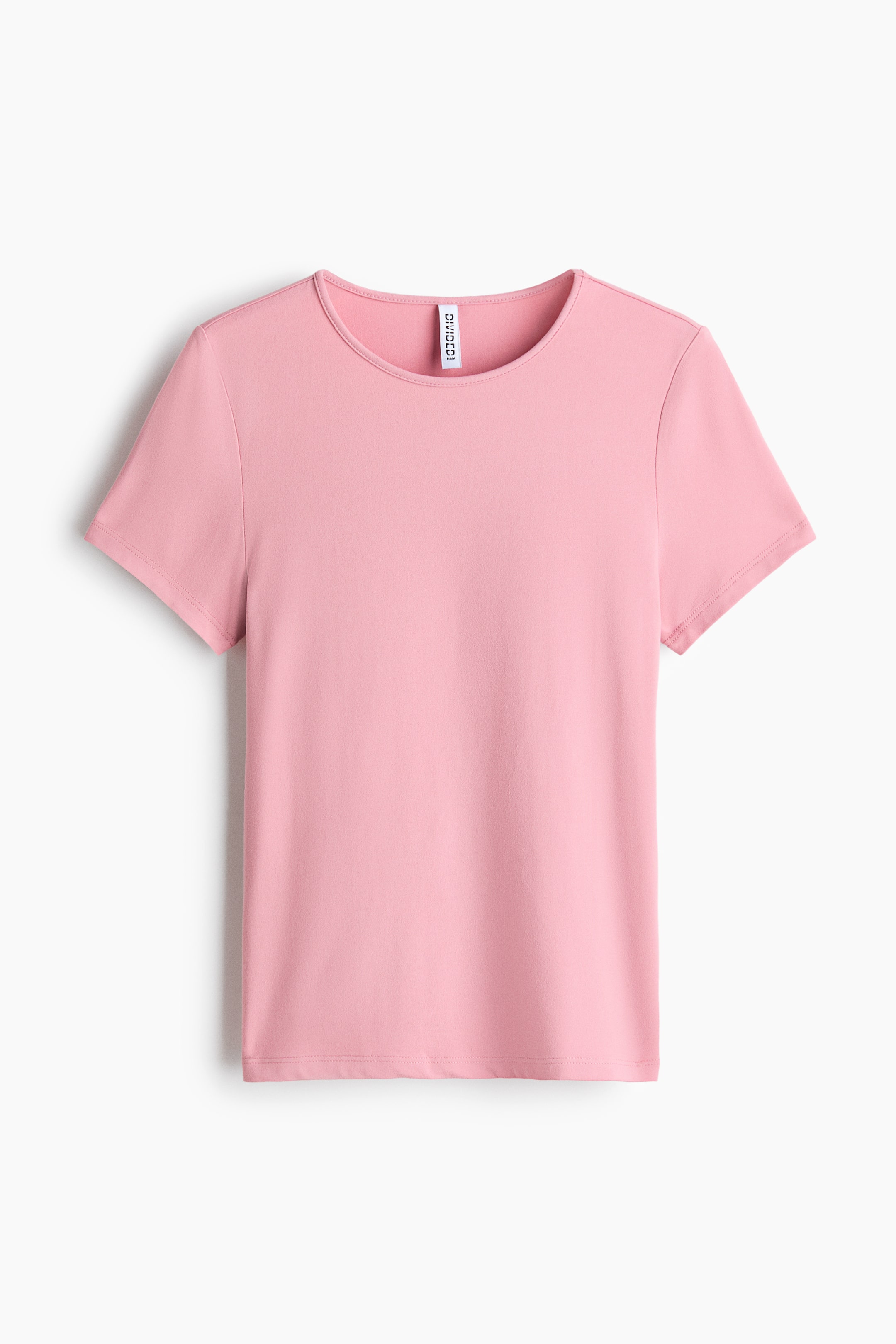 Xem ảnh lớn hơn: Một chiếc áo thun ôm màu hồng đang trình bày MẶT TRƯỚC, cho thấy chất vải jersey mềm, cổ tròn với viền mảnh, tay ngắn và gấu cắt thẳng.