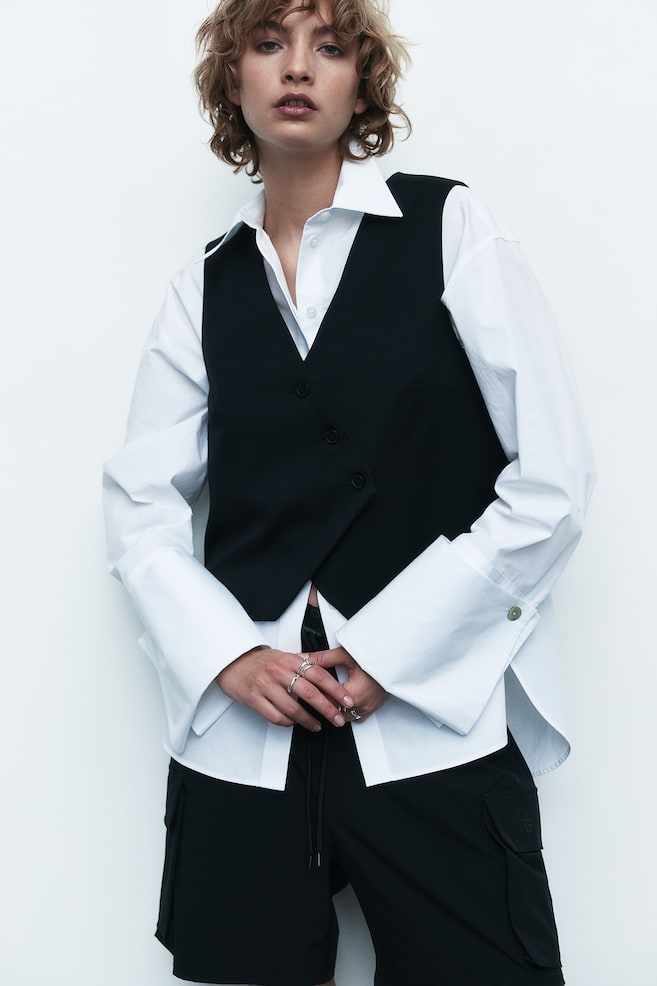 Asymmetric-front suit waistcoat - Black/Black/Pinstriped - 4