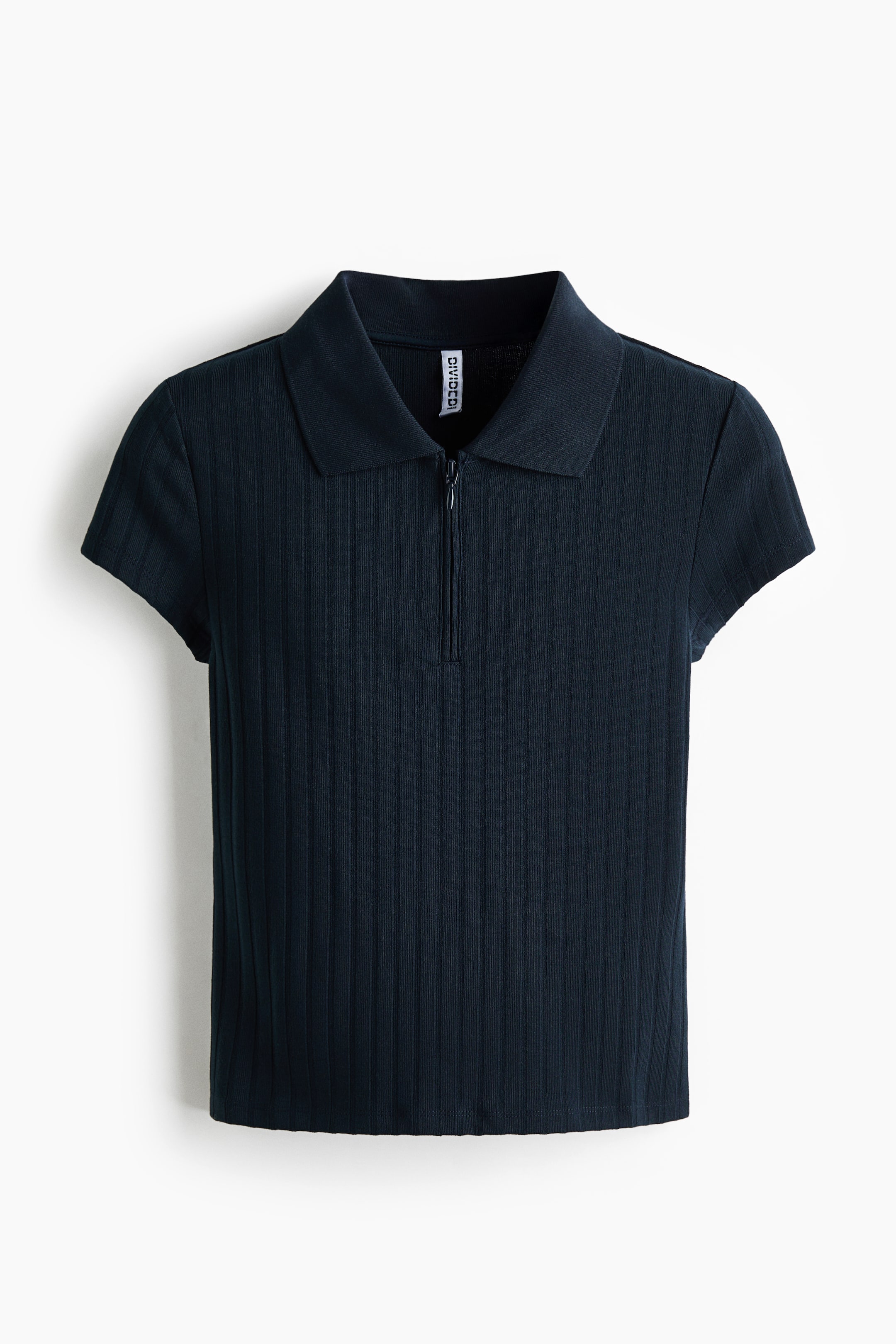 View larger image: This dark navy blue polo shirt is front-facing, featuring a vertical ribbed knit texture, a classic flat collar, a quarter-zip neckline, and short cap sleeves.
