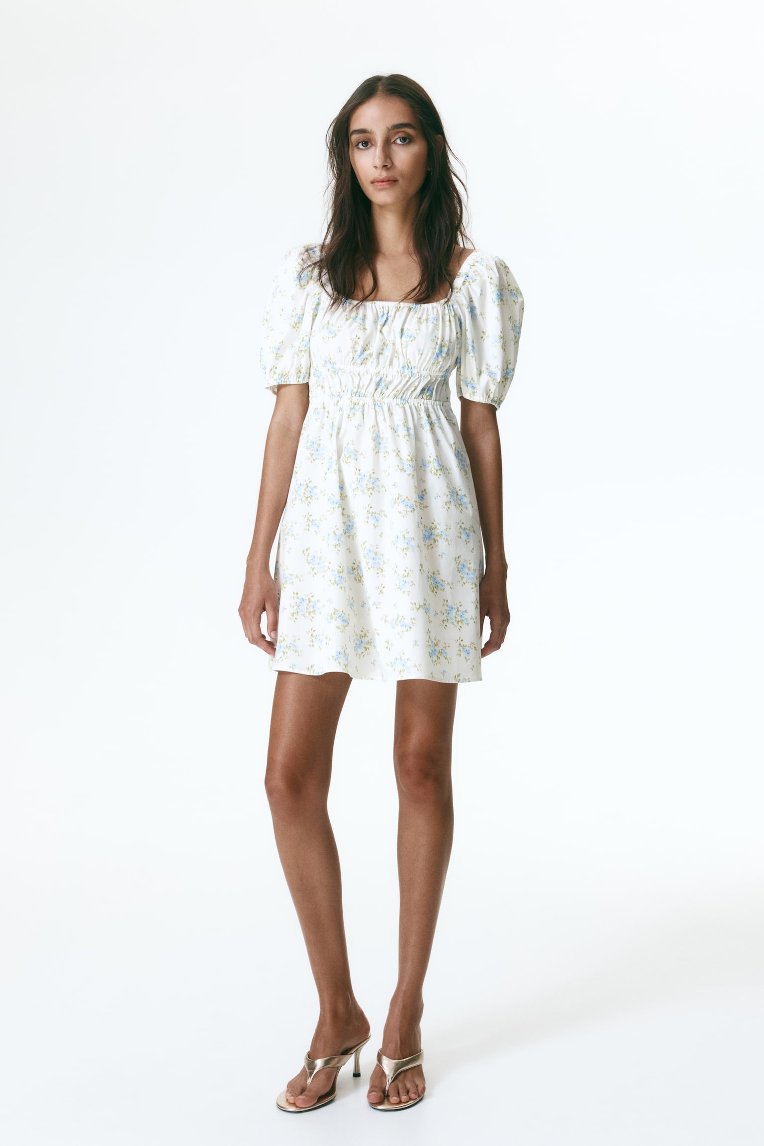 Vestido em popelina com mangas tufadas - Creme/Floral/Creme/Floral rosa/Azul claro - 1