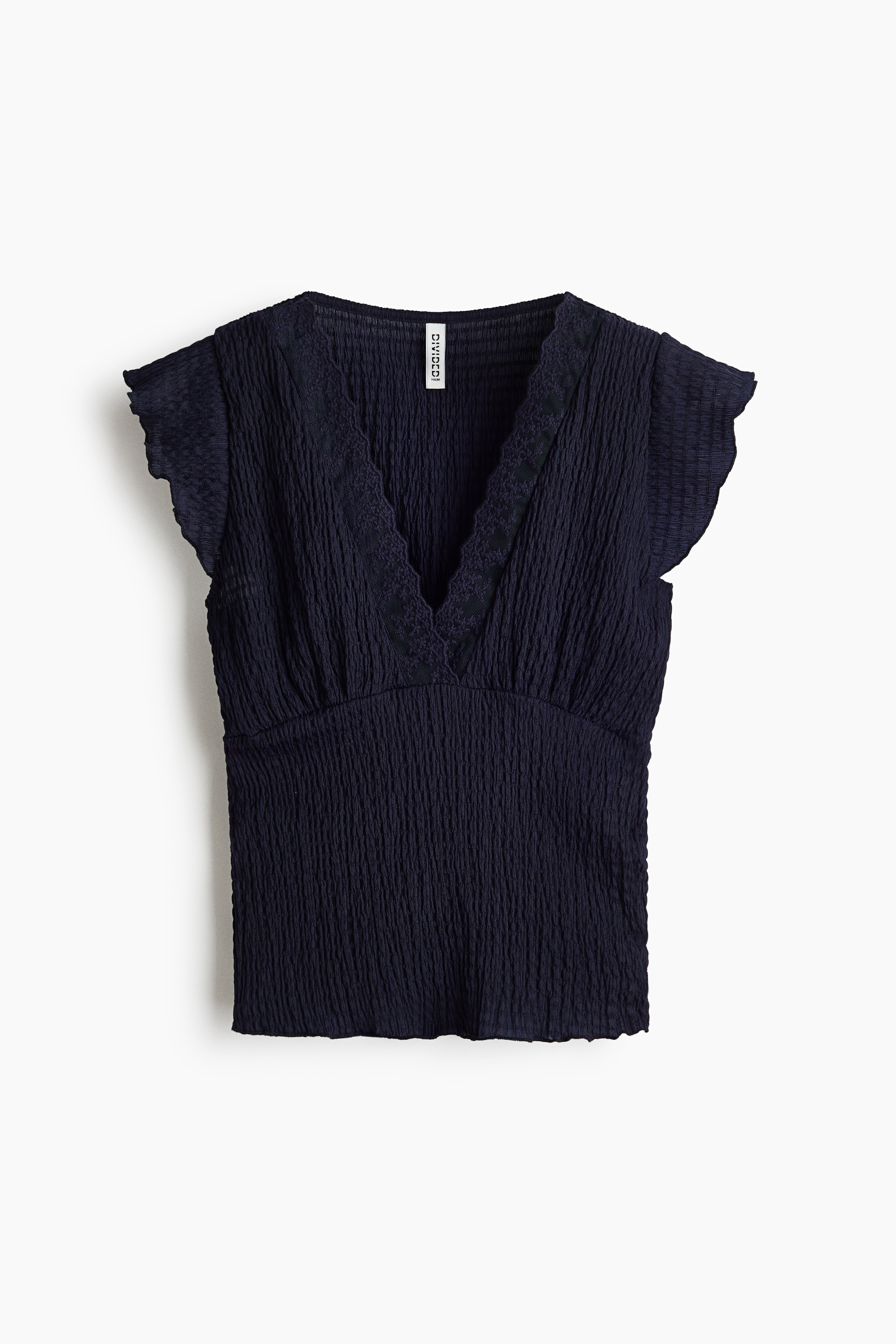 Lace-Trimmed Smocked Top - Navy blue/Cream
