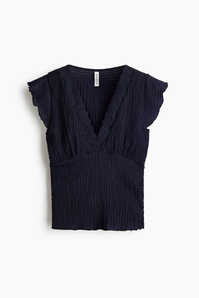 Lace-Trimmed Smocked Top - Navy blue/Cream - 1