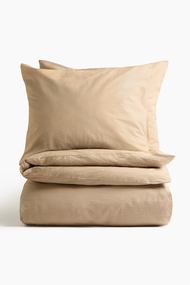 Seersucker King/Queen Duvet Cover Set - Dark beige/Light beige/Light beige/White/Light dusty blue - 1