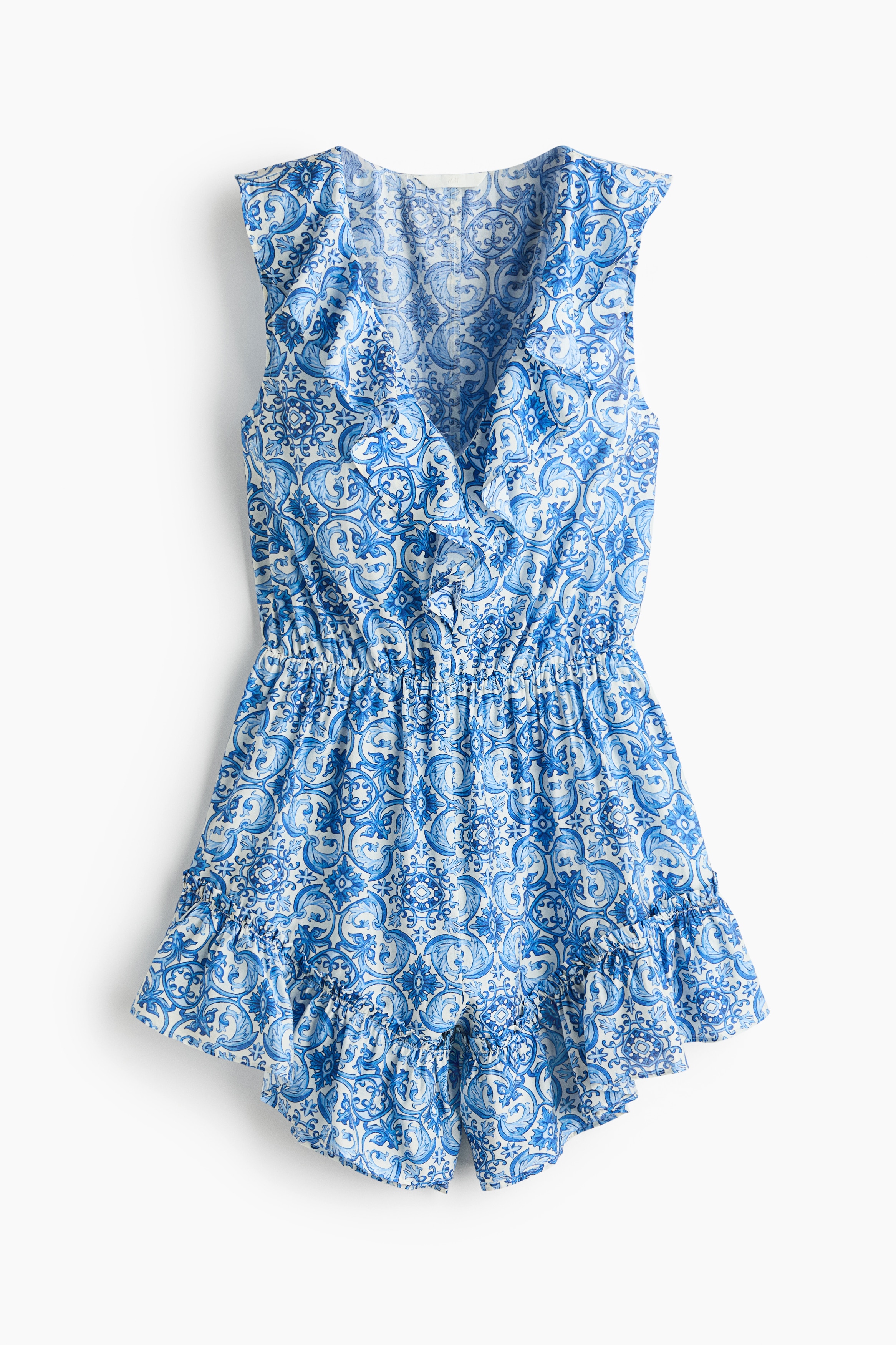 Flounced viscose-blend playsuit - Blue/Patterned/Light beige/Leopard print