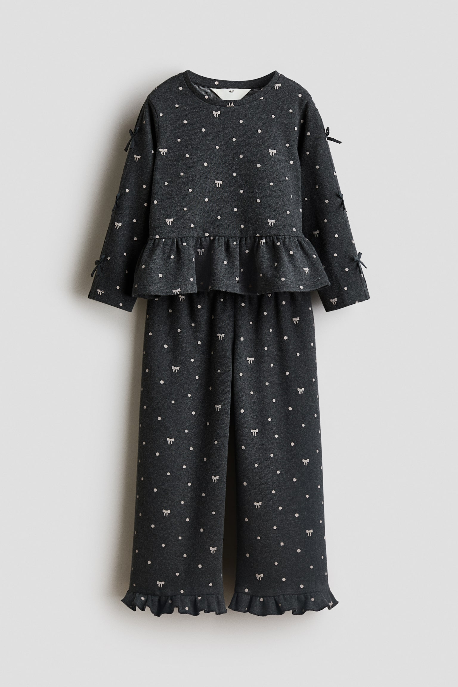 Tweedelige set van tricot met volants - Donkergrijs/stippen