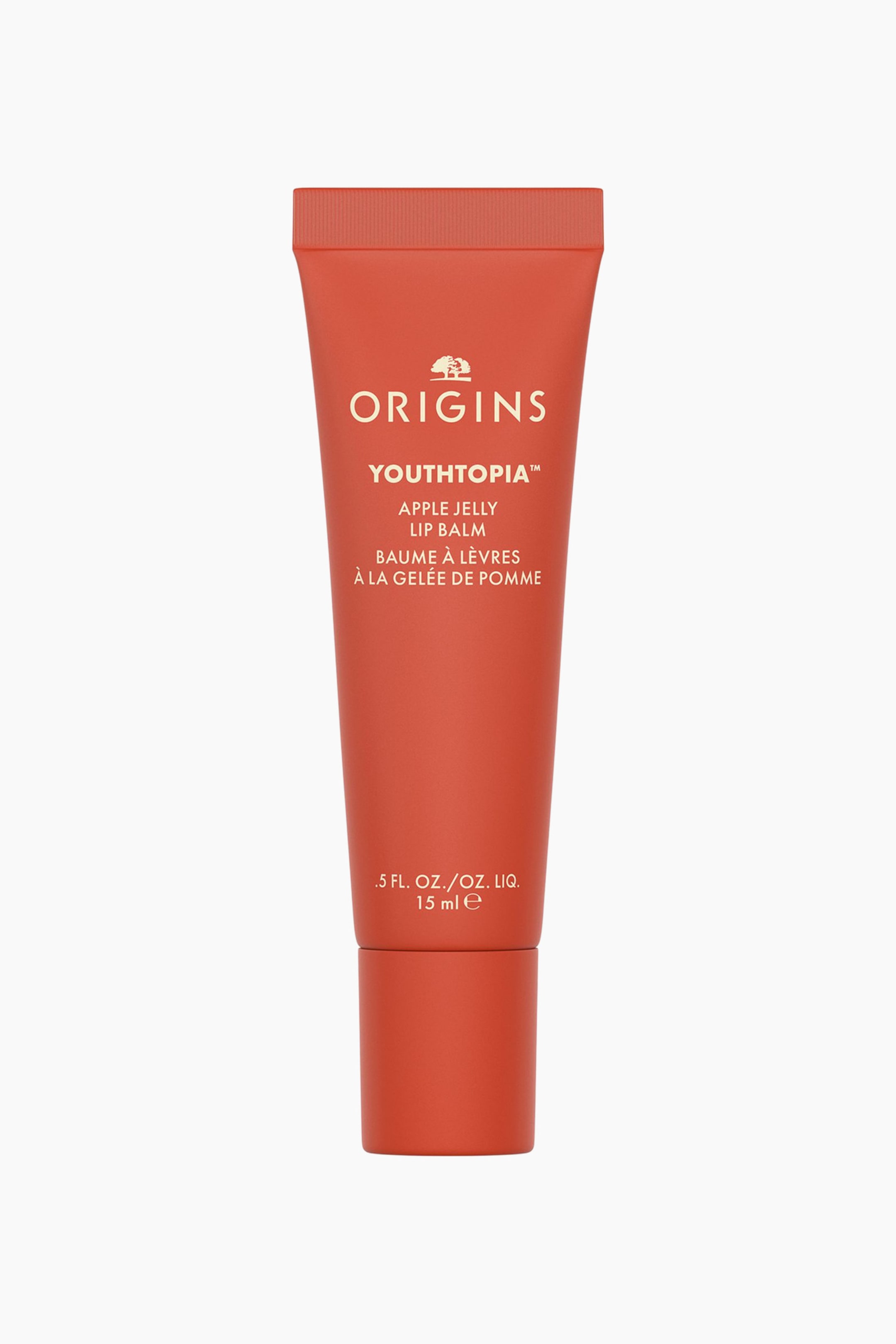 Vis større bilde: En Origins Youthtopia Apple Jelly Lip Balm står oppreist og vender forover. Det er en rødoransje klemmetube med merkevarelogoen og produktnavnet på forsiden, samt voluminformasjon nederst.
