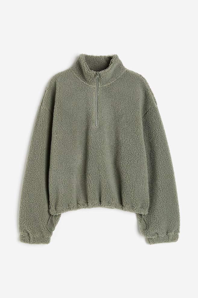 Zip-top teddy sweatshirt - Khaki green/Light beige - 1