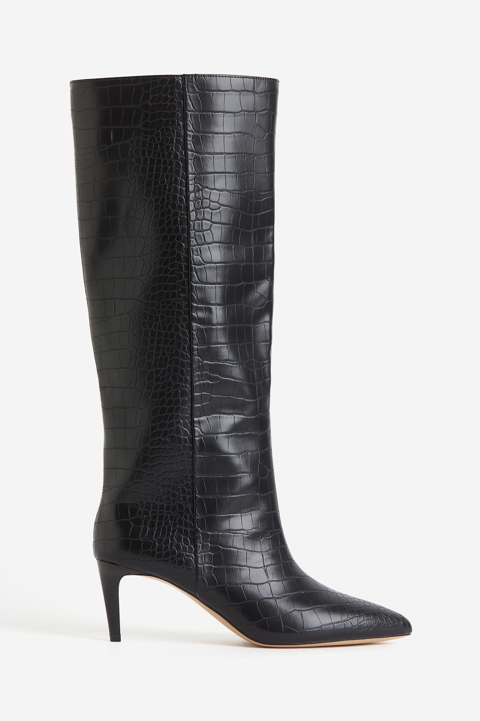 Knee High Heeled Boots - Black - 1