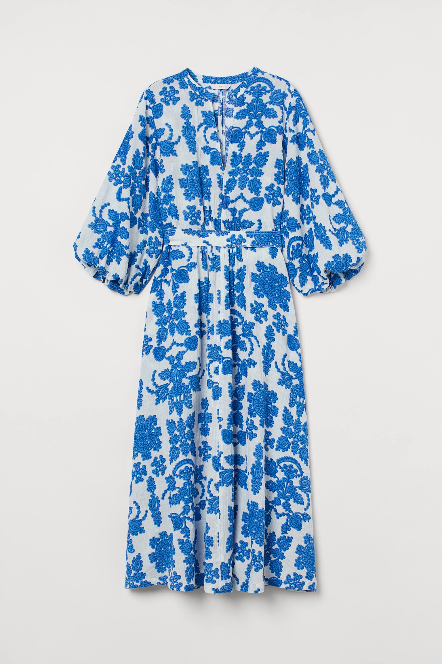 Crinkled Kaftan Dress Vneck 3/4 sleeve White/blue floral Ladies H&M US