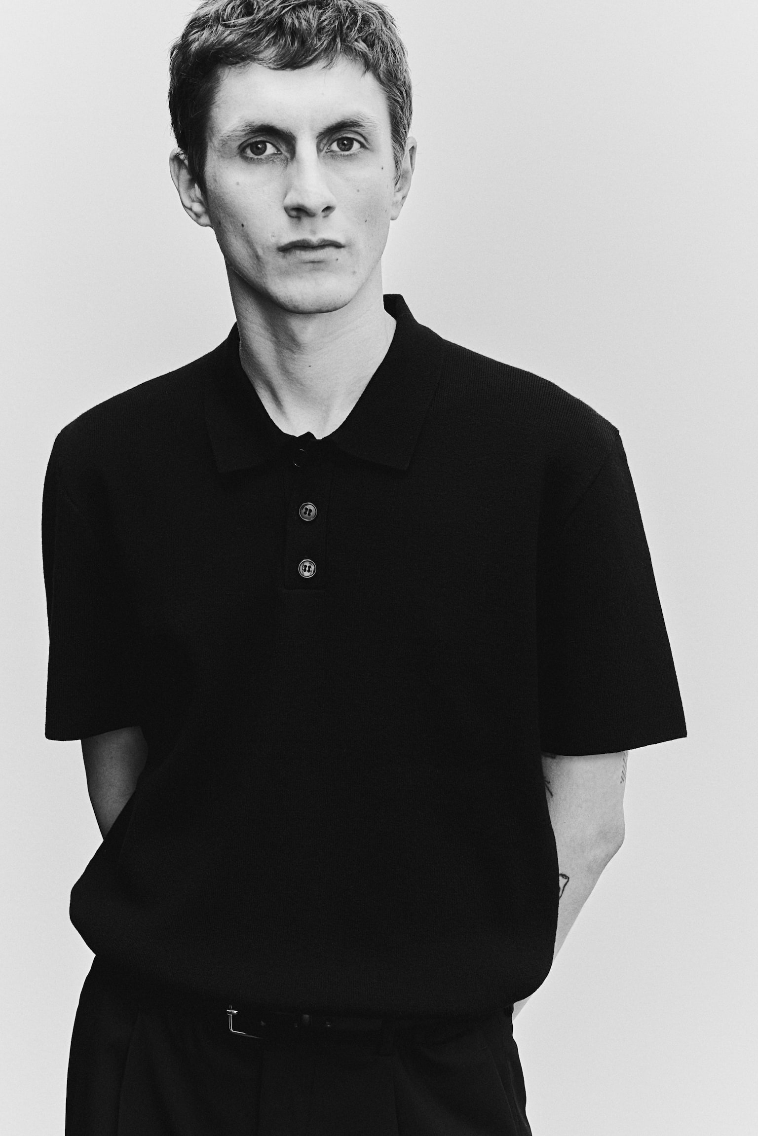 Regular Fit Fine-knit polo shirt - Black/White - 1