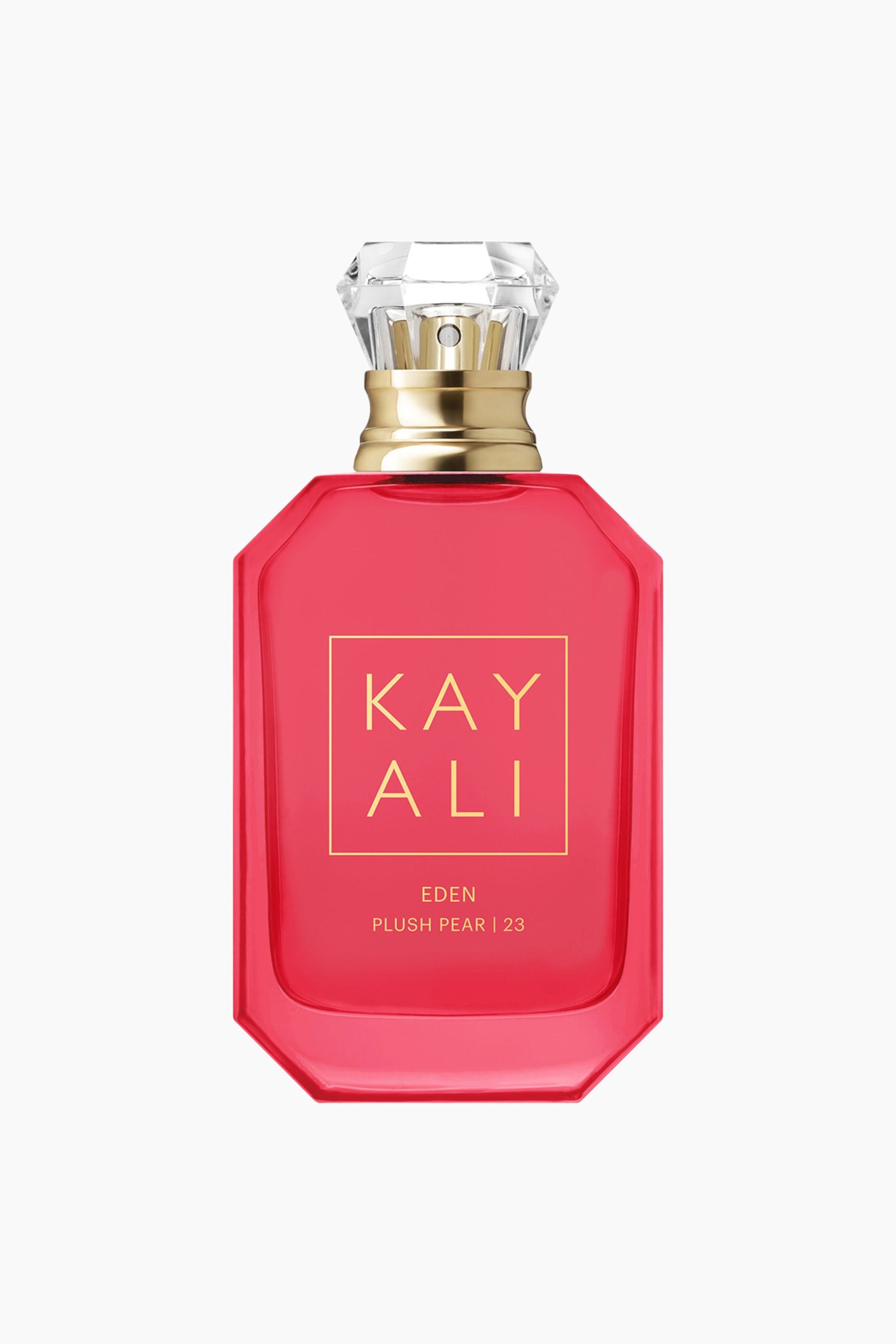 Vis større bilde: En lys rosa åttekantet parfymeflaske står rett frem, med en gullfarget hals og en klar, fasettert kork. Gullbokstaver vises på forsiden, med "KAYALI" innenfor en rektangulær ramme, med "EDEN" og "PLUSH PEAR | 23" skrevet nedenfor.