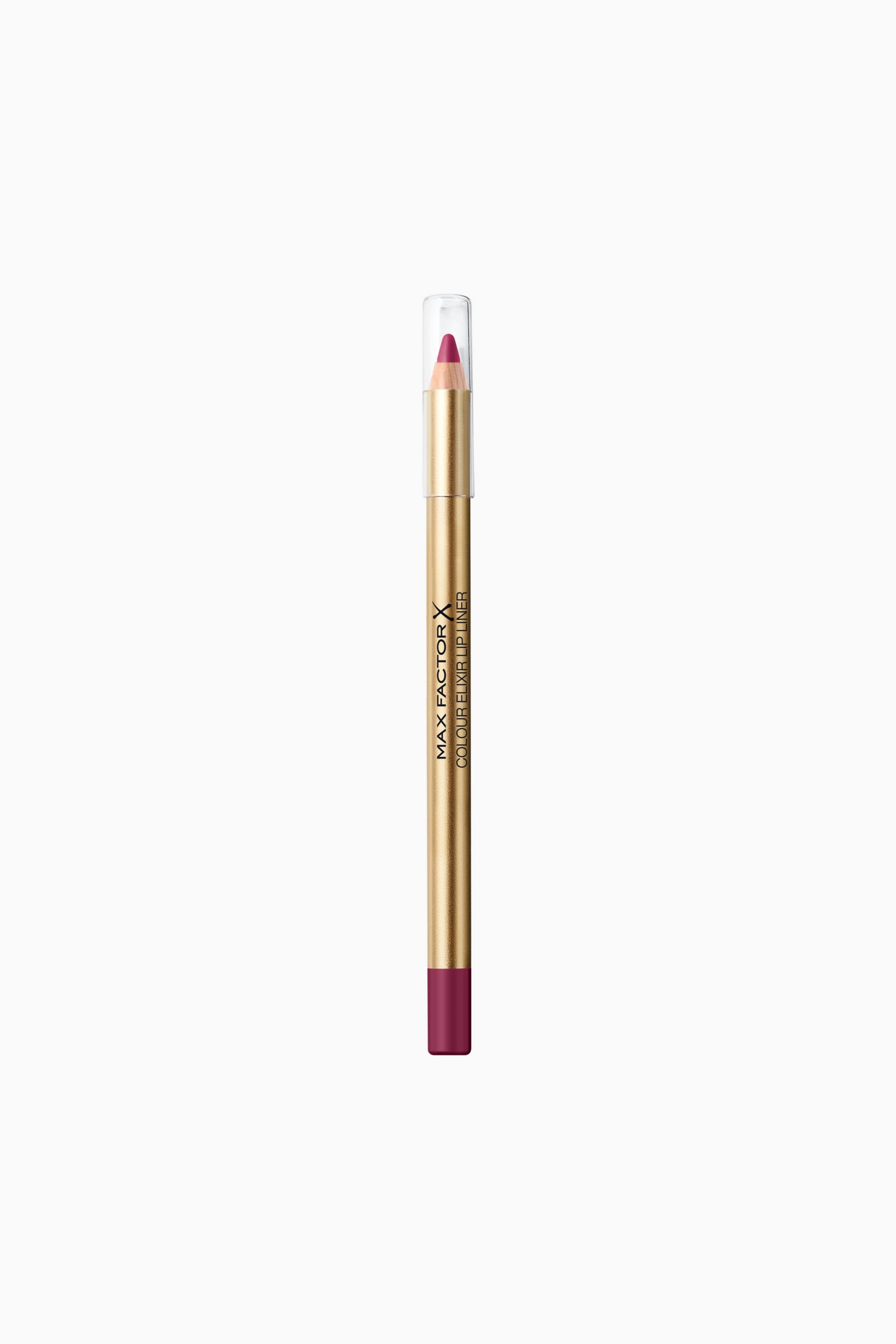 Vis større bilde: En leppeblyant står oppreist, med et gullfarget hylster med teksten "MAX FACTOR X COLOUR ELIXIR LIP LINER" påtrykt. En gjennomsiktig hette dekker den spissede dyp rosa tuppen, og bunnen av blyanten er også farget dyp rosa.