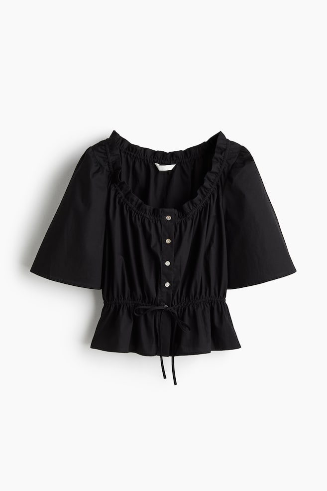 Frill Trim Cotton Blouse - Black/Light blue/Stripe/White - 1