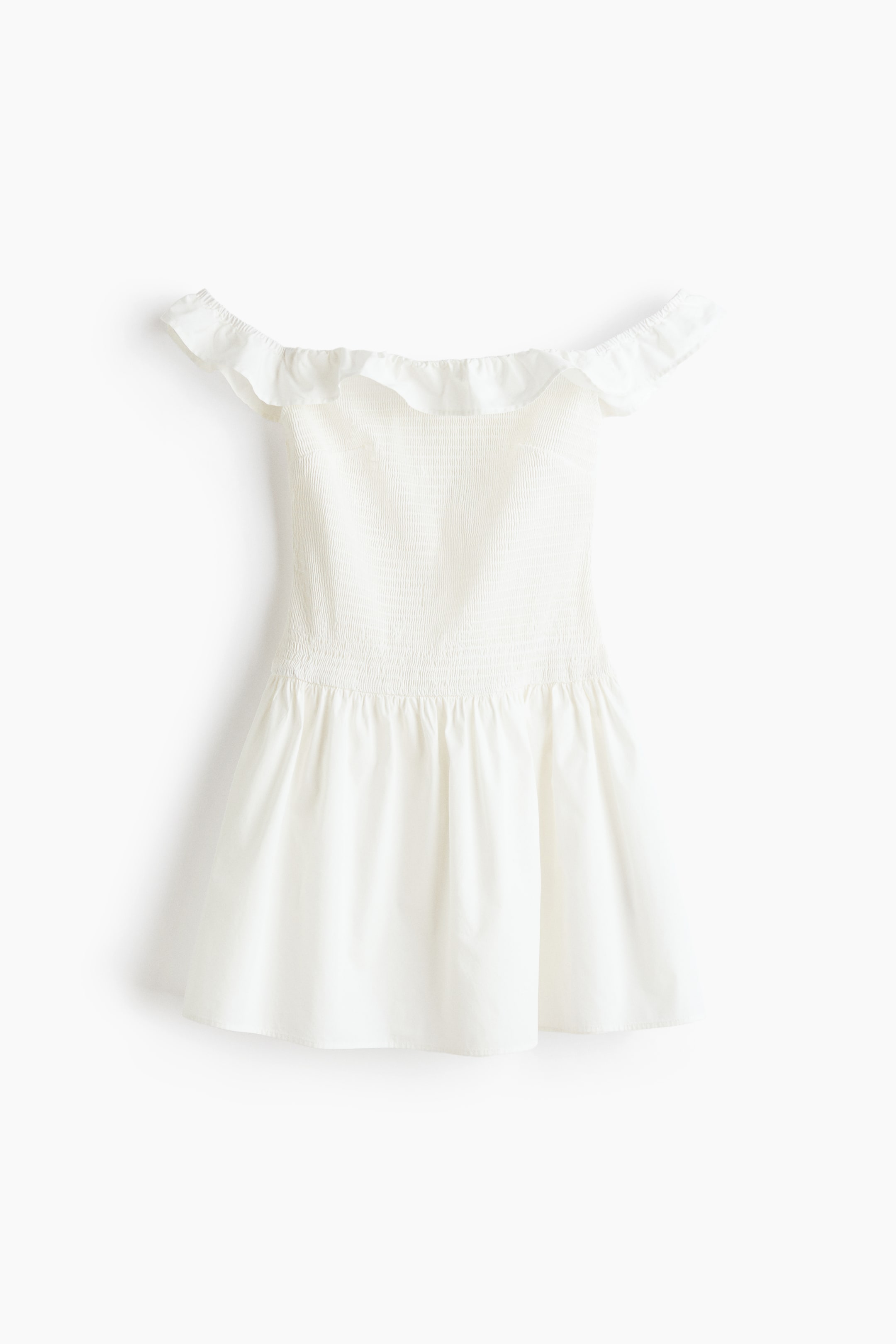View larger image: "A white off-shoulder dress showcases a ruffled neckline, a smocked bodice, and a gathered waist that elegantly transitions into a flared skirt."