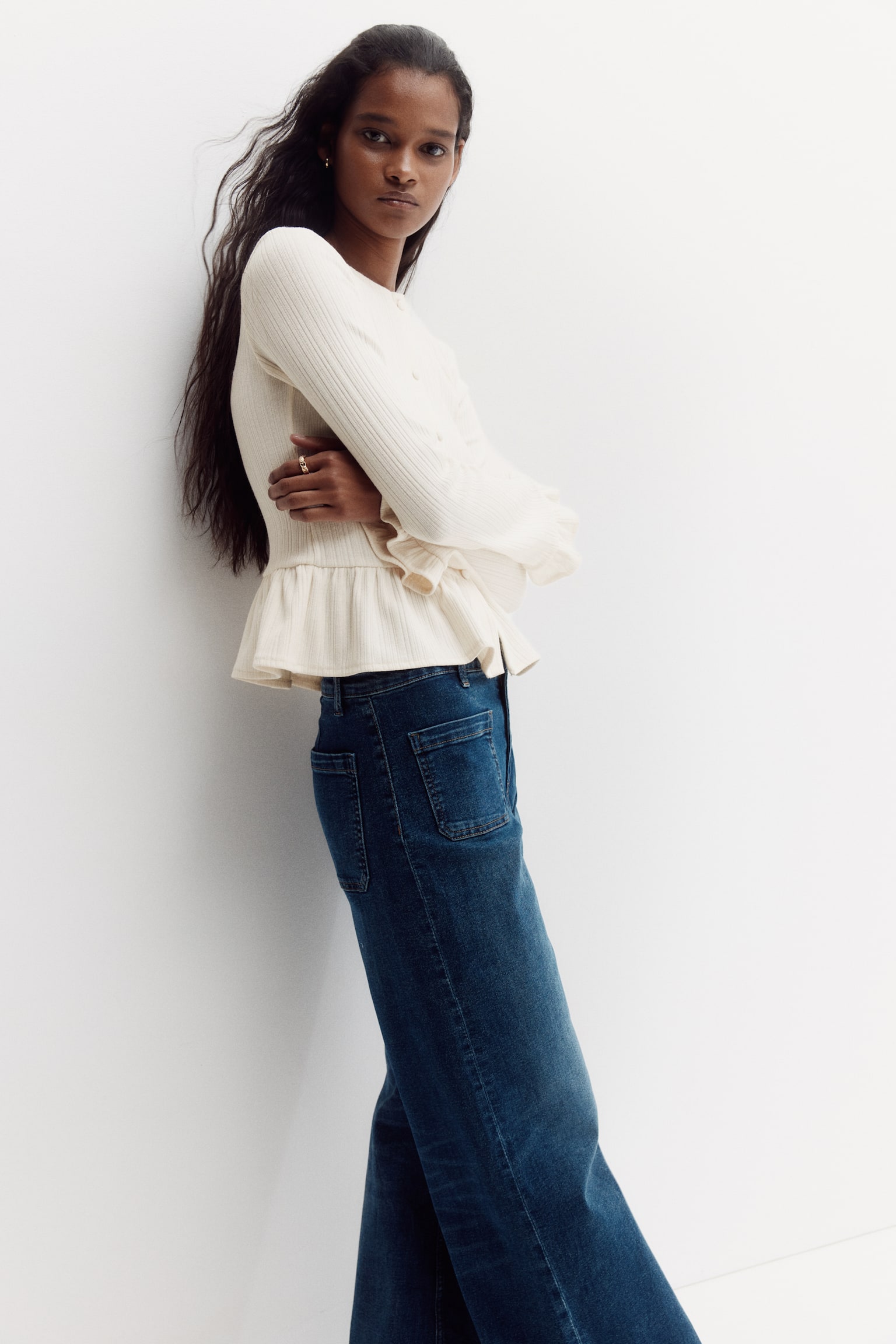 Rib-Knit Peplum Cardigan - Cream/Navy blue - 4