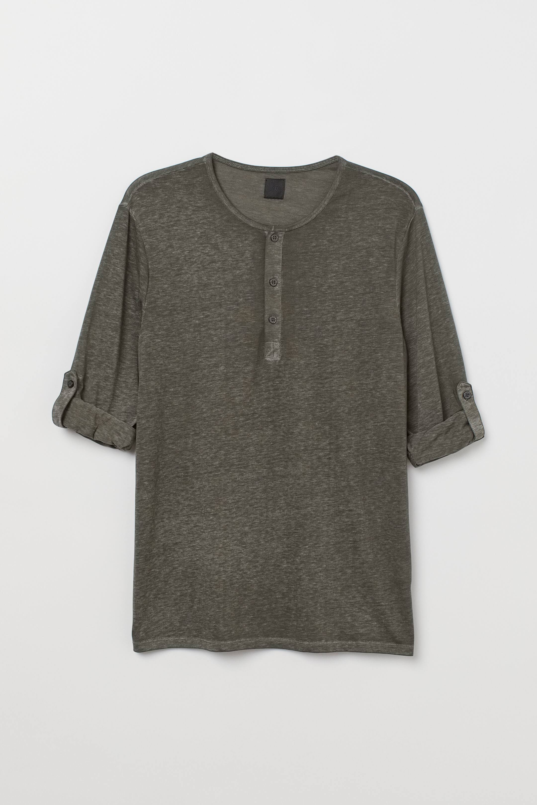 Slub jersey Henley shirt Green/Grey marl Men H&M