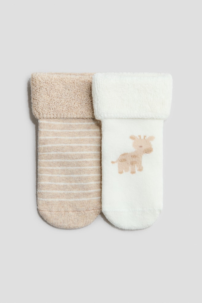 2-pack Terry Socks - Beige/giraffe/White/I Love Mum/Light beige/Hello World/Light beige/teddy bear/Light green/hot air balloon/Beige/white - 1