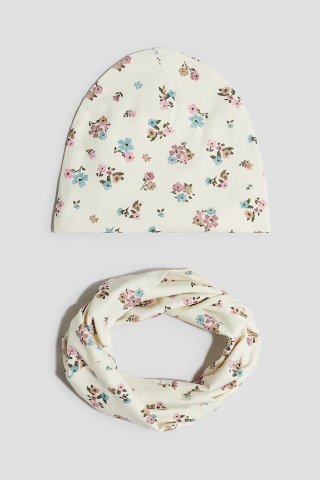 2-piece beanie and tube scarf set - Cream/Floral/Beige/Leopard print/White/Floral/Light beige/Floral - 1