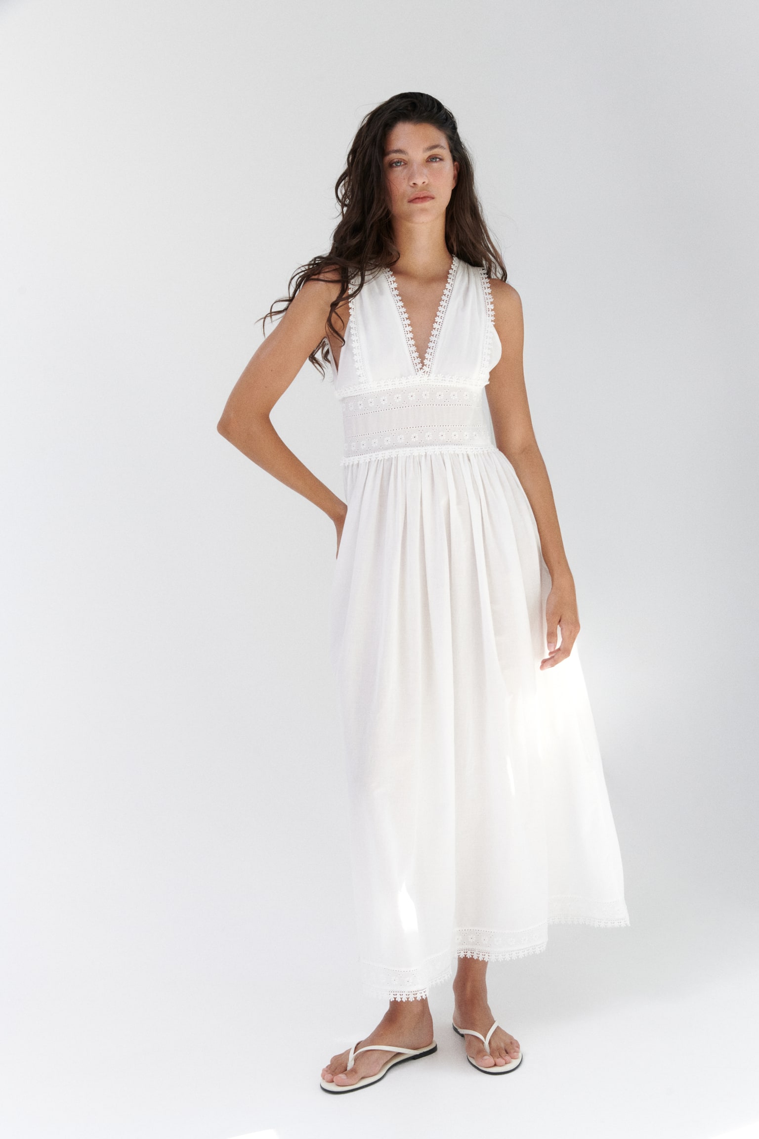 Picot-trimmed cotton dress - White - 1