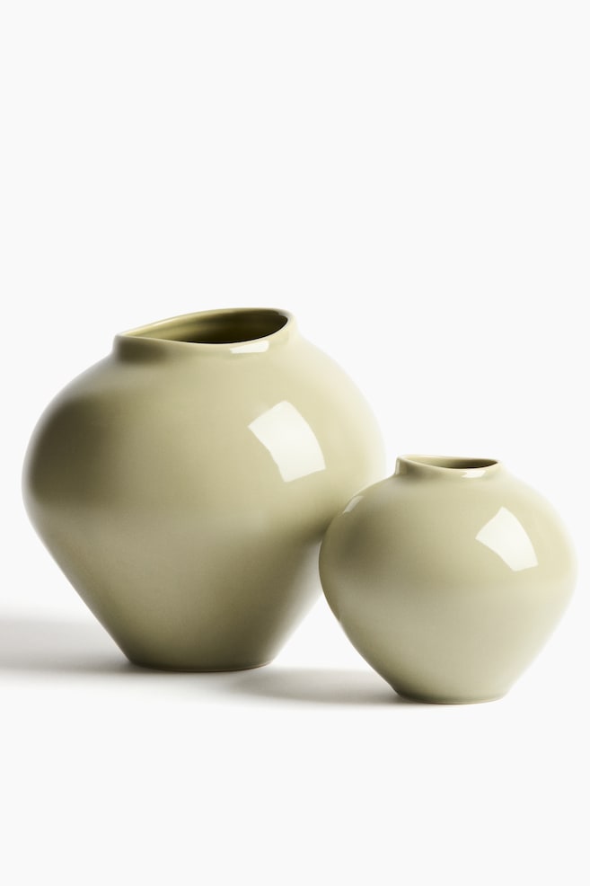 Large Irregular Stoneware Vase - Light khaki green/Light yellow - 3