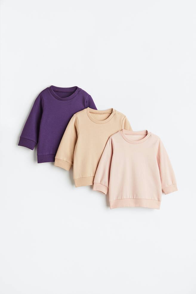 3-pak sweatshirt i bomuld - Mørklilla/Lys rosa/Lysegråmeleret/Mørkegrå/Blå/Beige - 1