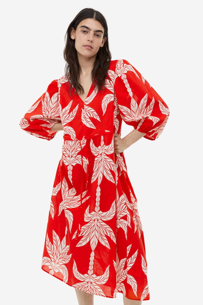 Balloon-sleeved cotton dress - Red/Palm trees/Bright blue/Patterned/Black/Patterned - 5