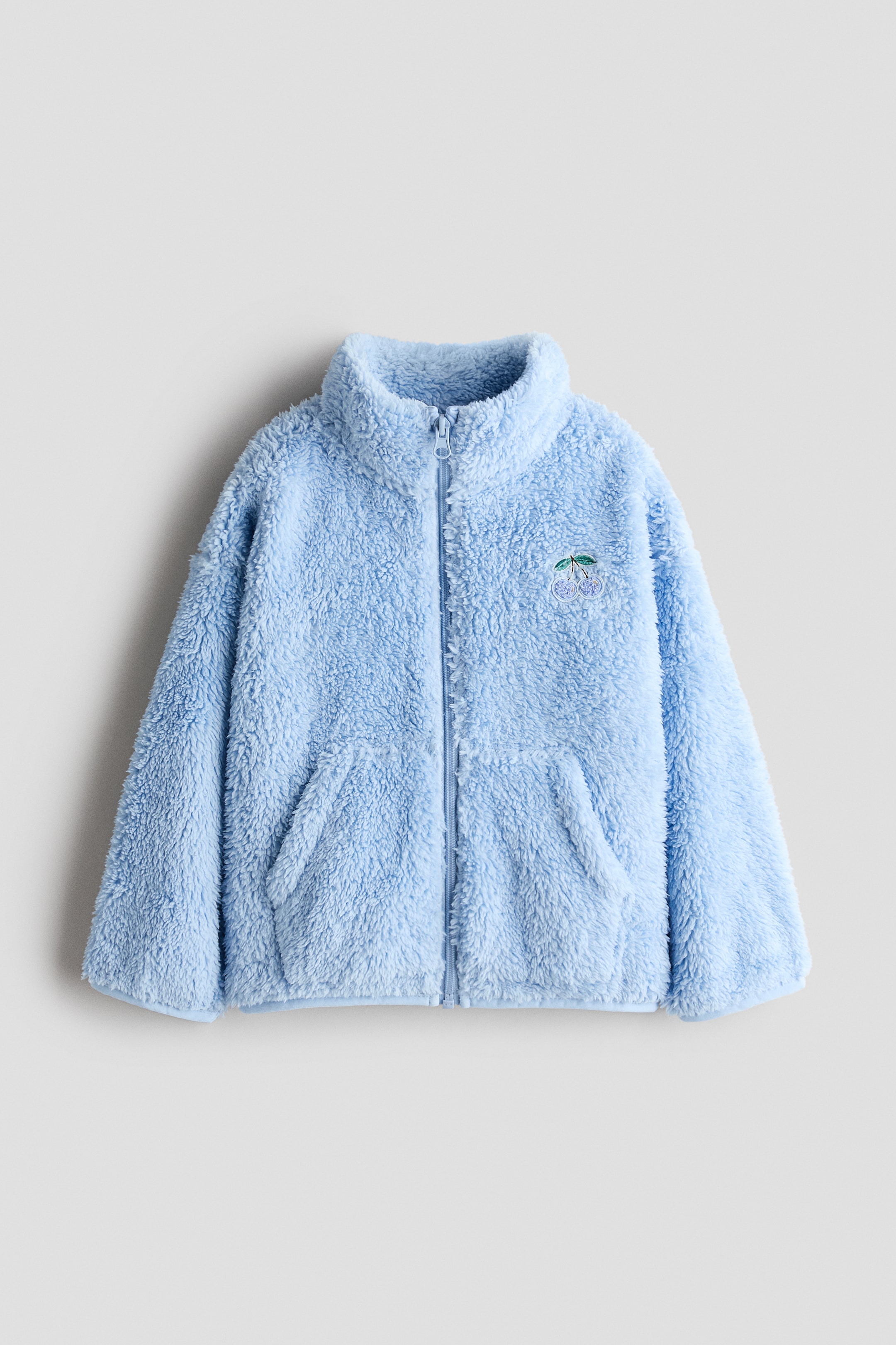 View larger image: Embroidery-detail pile jacket - Dusty blue/Cherries - Kids | H&M 1