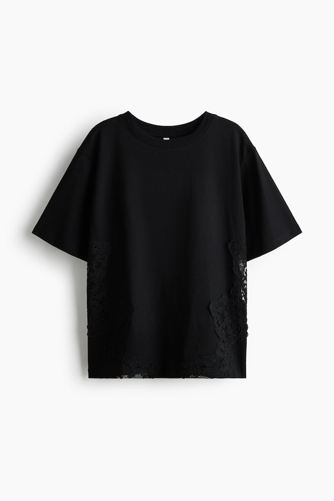 Playera de algodón con aplicaciones de encaje - Negro/Blanco - 1