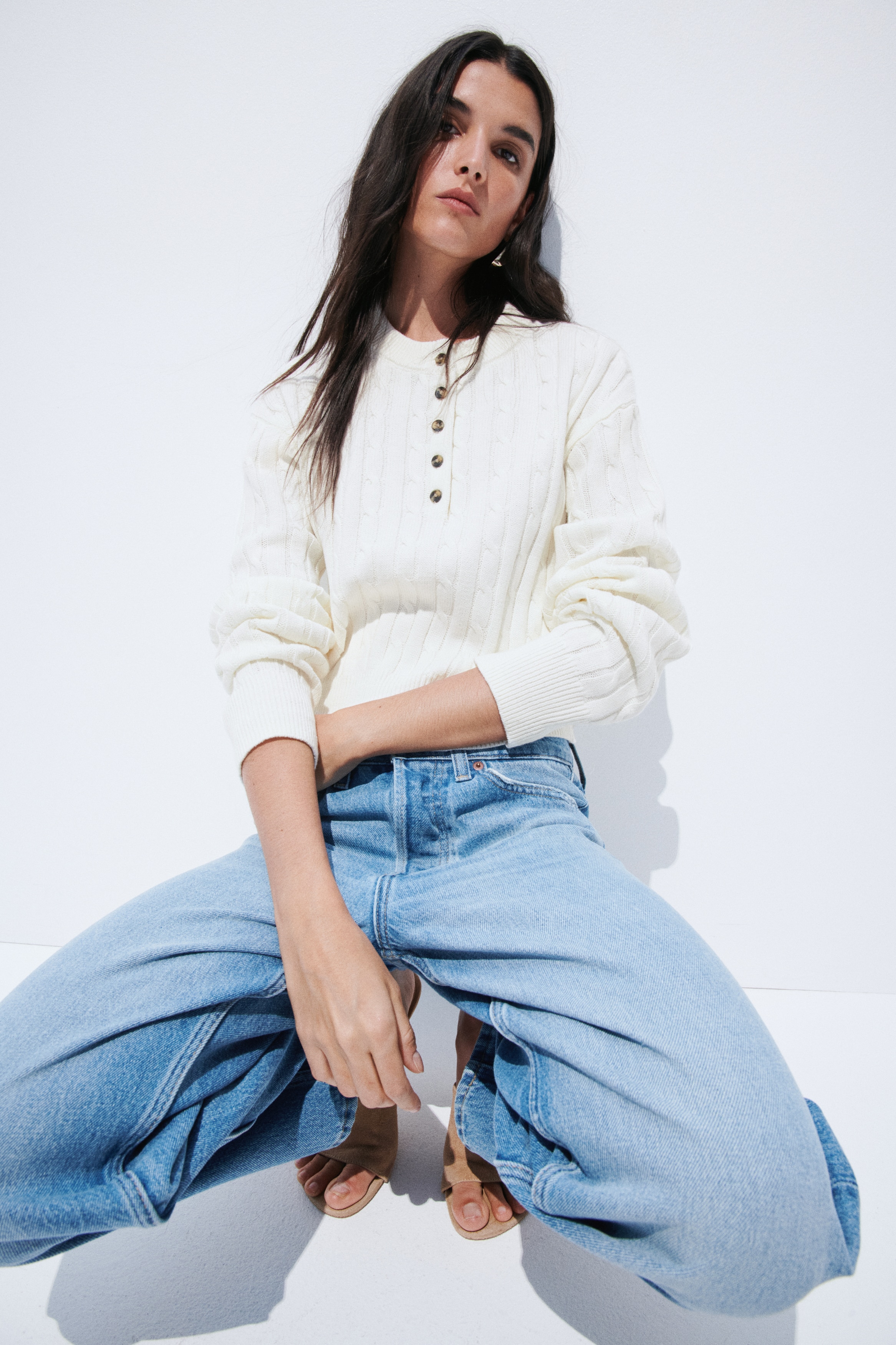 Button Top Cable Knit Sweater - Cream/Beige/Burgundy