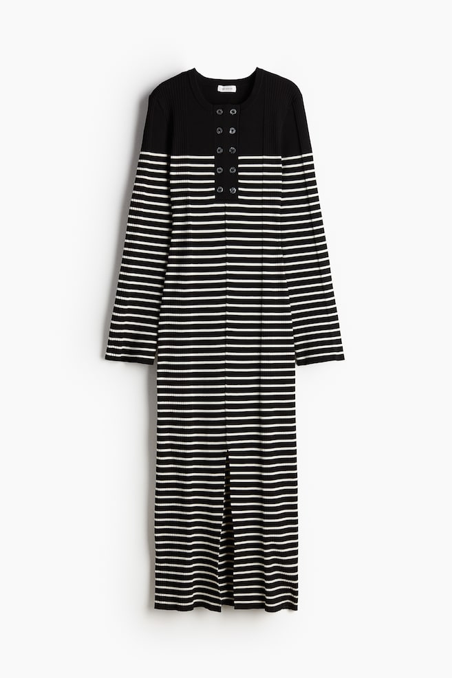 Vestido largo en punto de canalé - Negro/Rayas blancas - 1