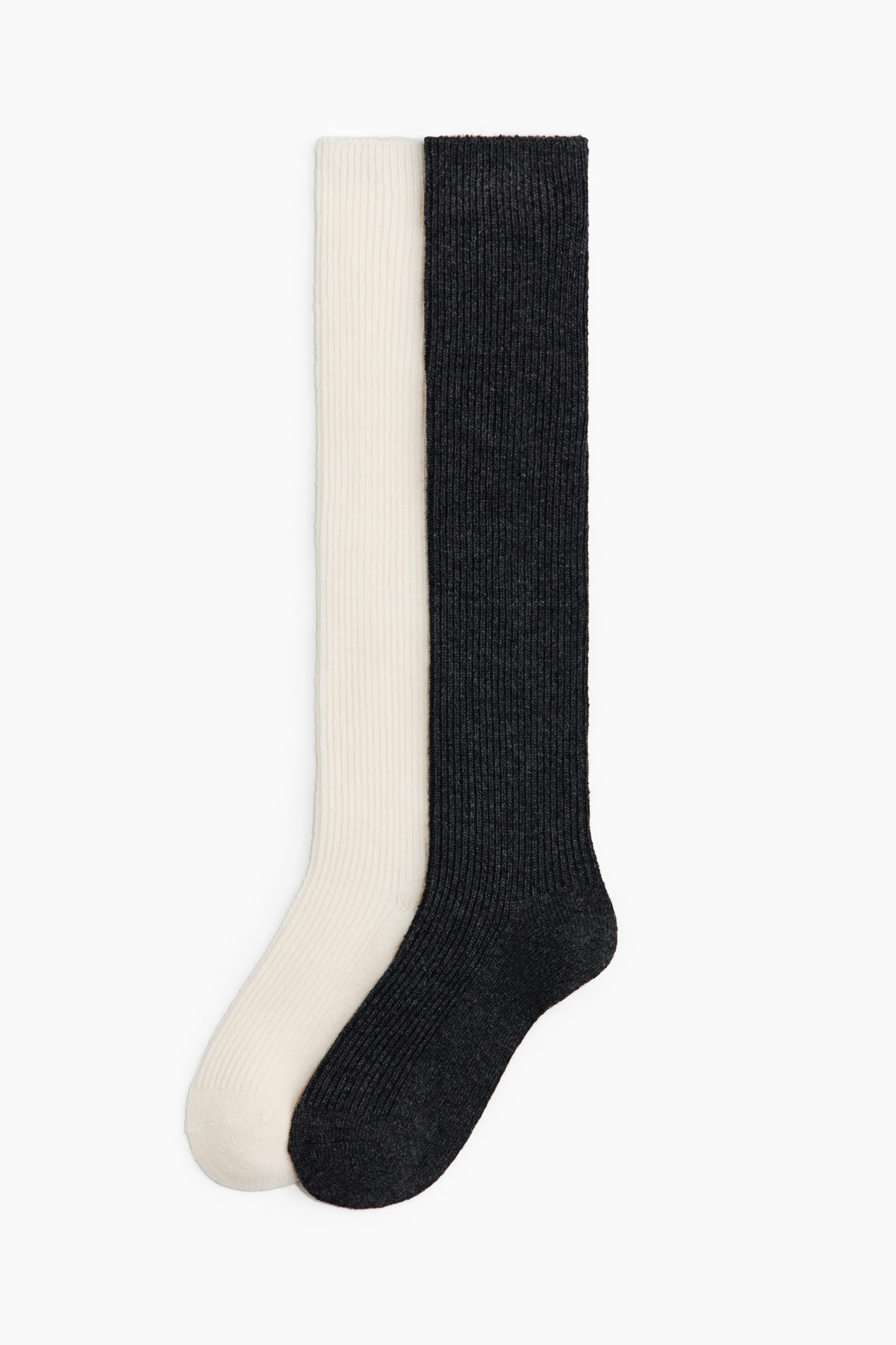 Agrandir l'image: Deux chaussettes montantes, l’une blanc cassé et l’autre gris foncé, sont présentées avec une texture côtelée douce bien visible.
