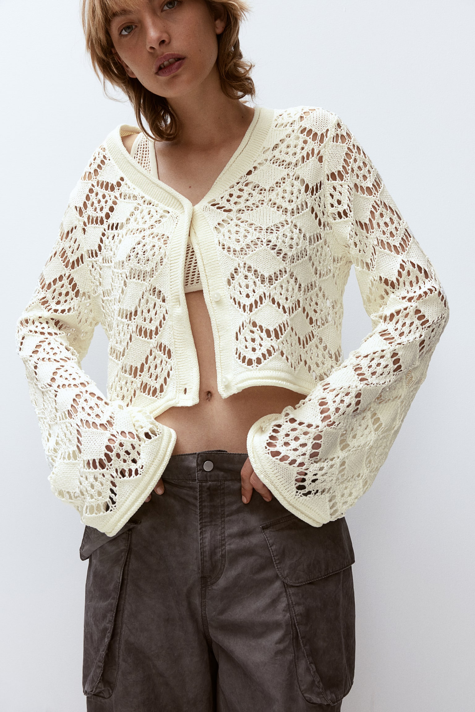 Pointelle Knit Cardigan - Cream/Light beige/Black/Light grey - 3