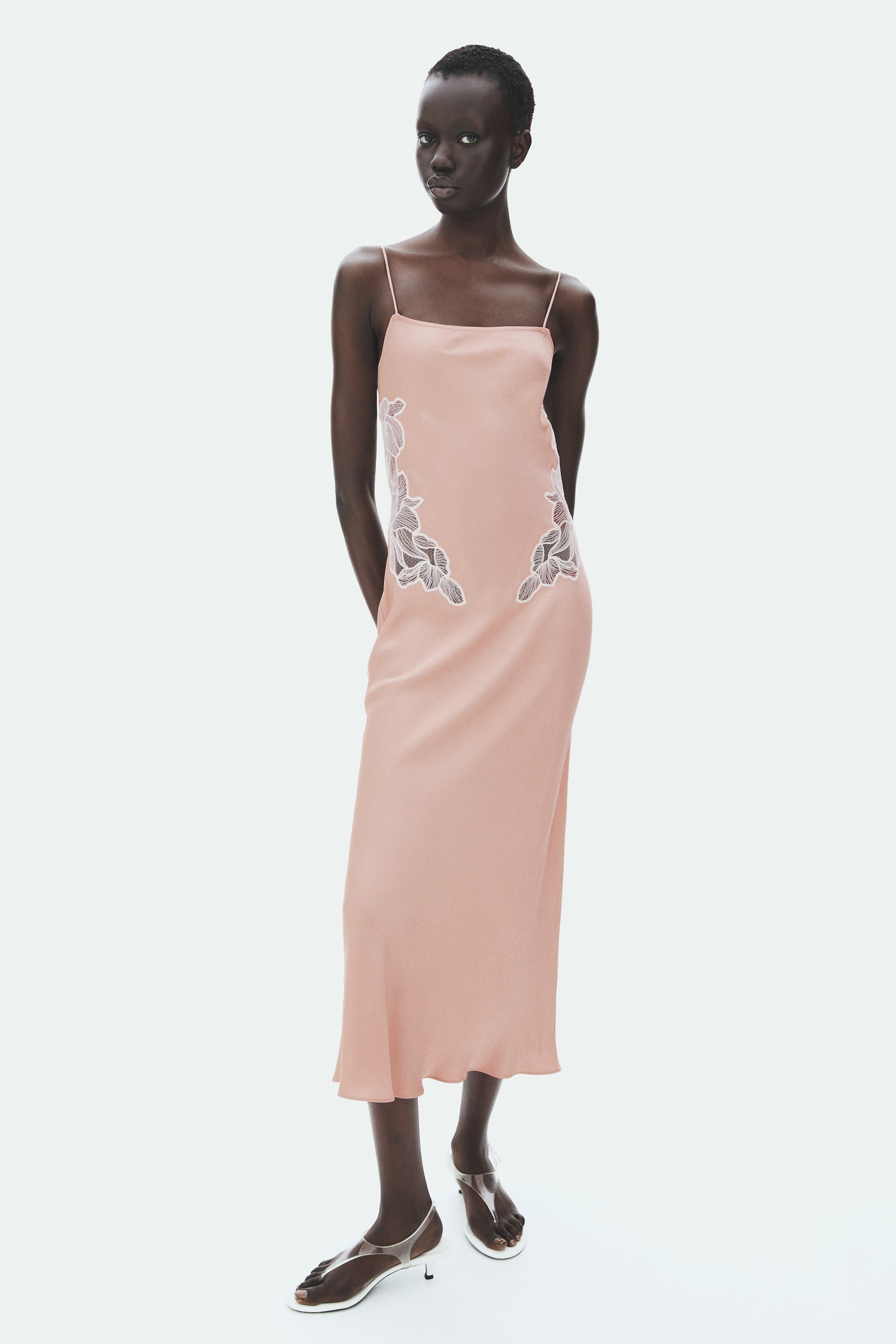 Lace-Detail Satin Dress with Scarf