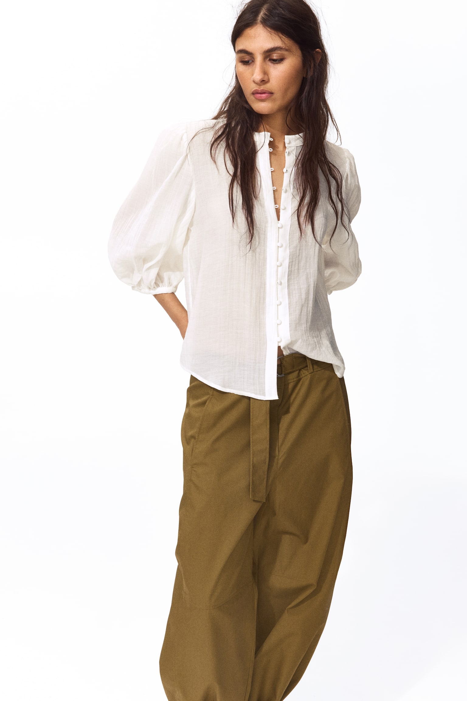 חולצה עם שרוולי בלון - לבן/צהוב בהיר - 4