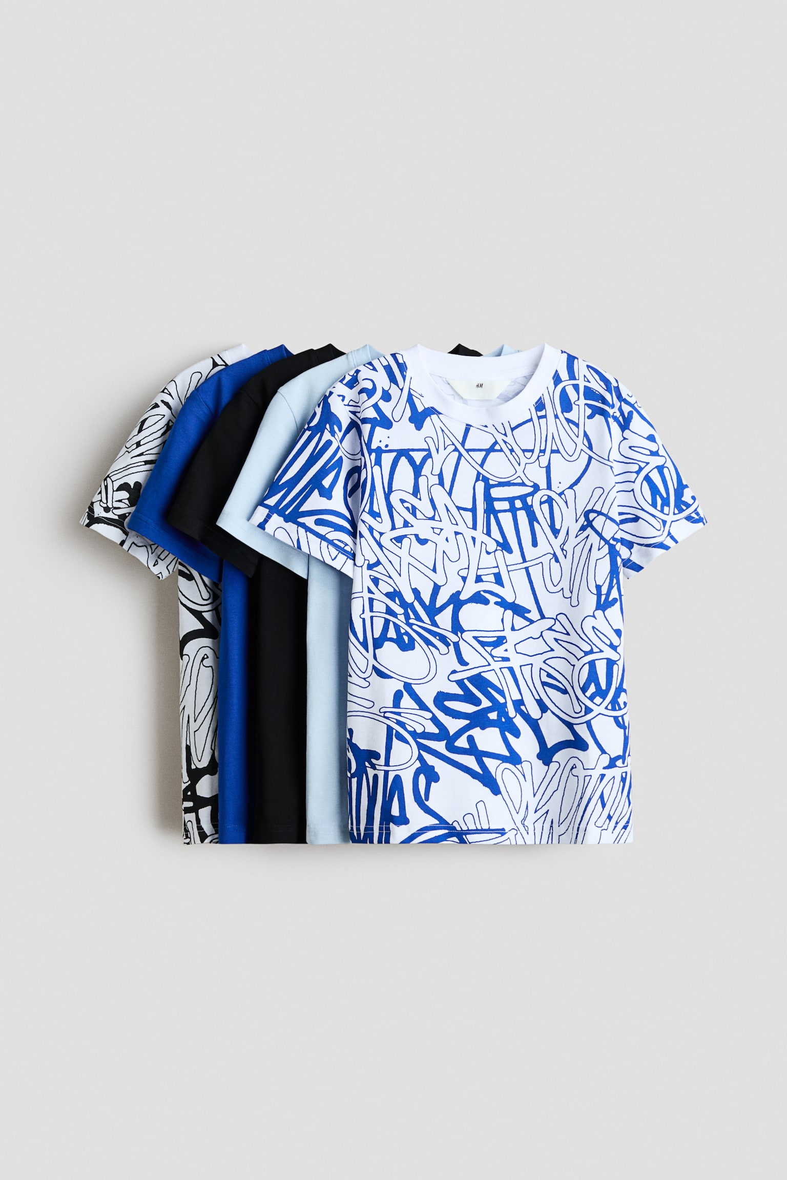 Lot de 5 T-shirts en coton - Bleu vif/graffitis/Vert/manettes/Crème/basketteurs/Bleu/manettes
