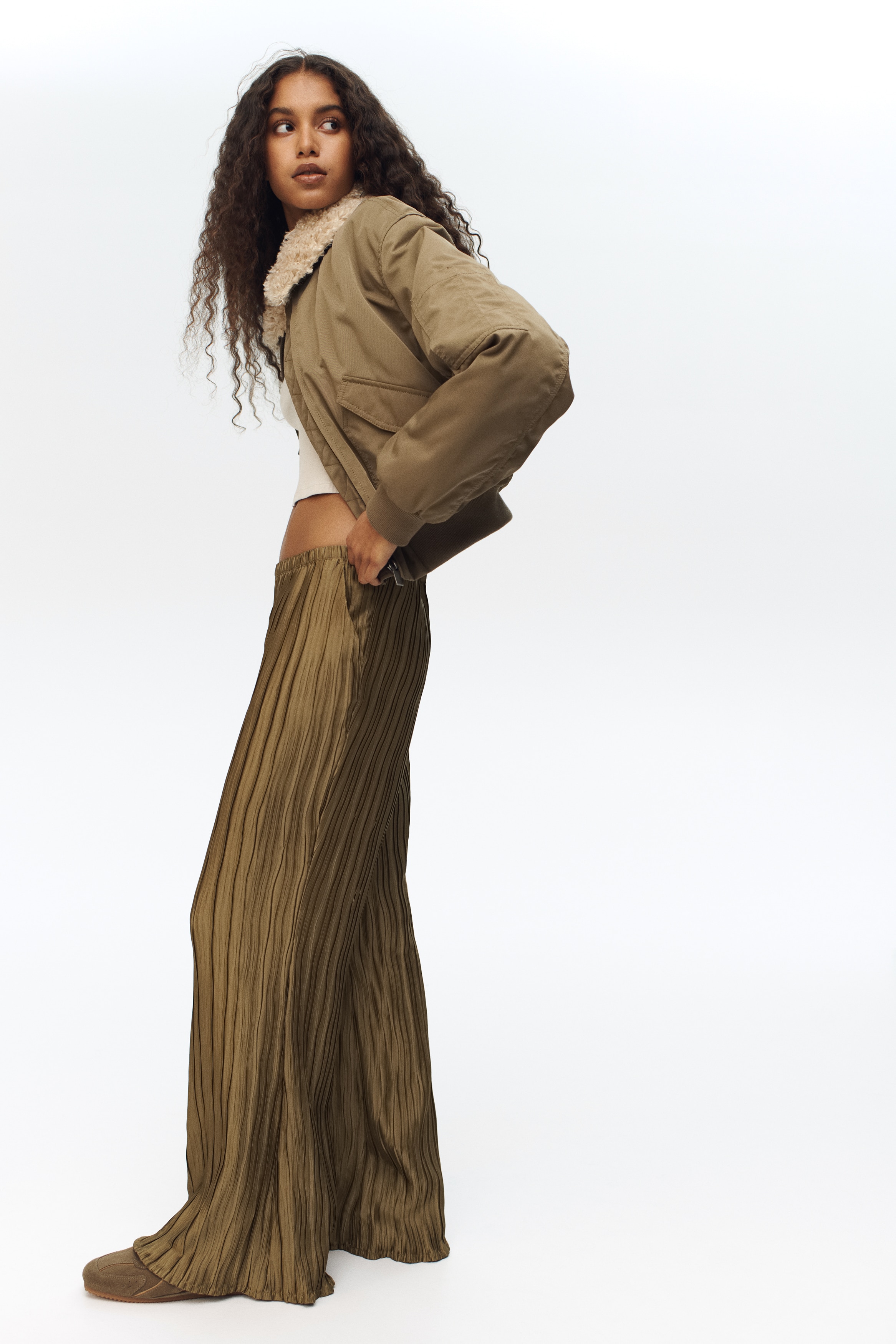 Pantalone od naborane tkanine - Kaki zelena/Bež/Tamnocrvena