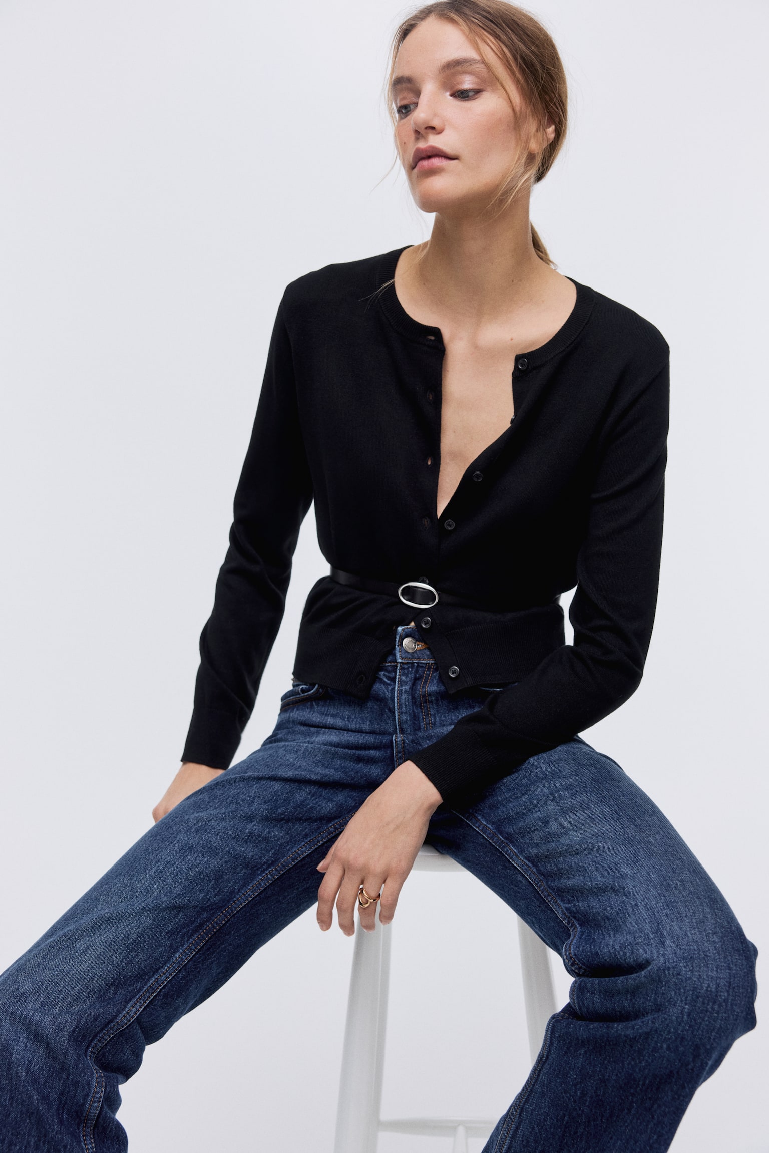 Fine-Knit Cardigan - Black/Light taupe/Light yellow/Bright orange/Light beige/White/black striped - 2