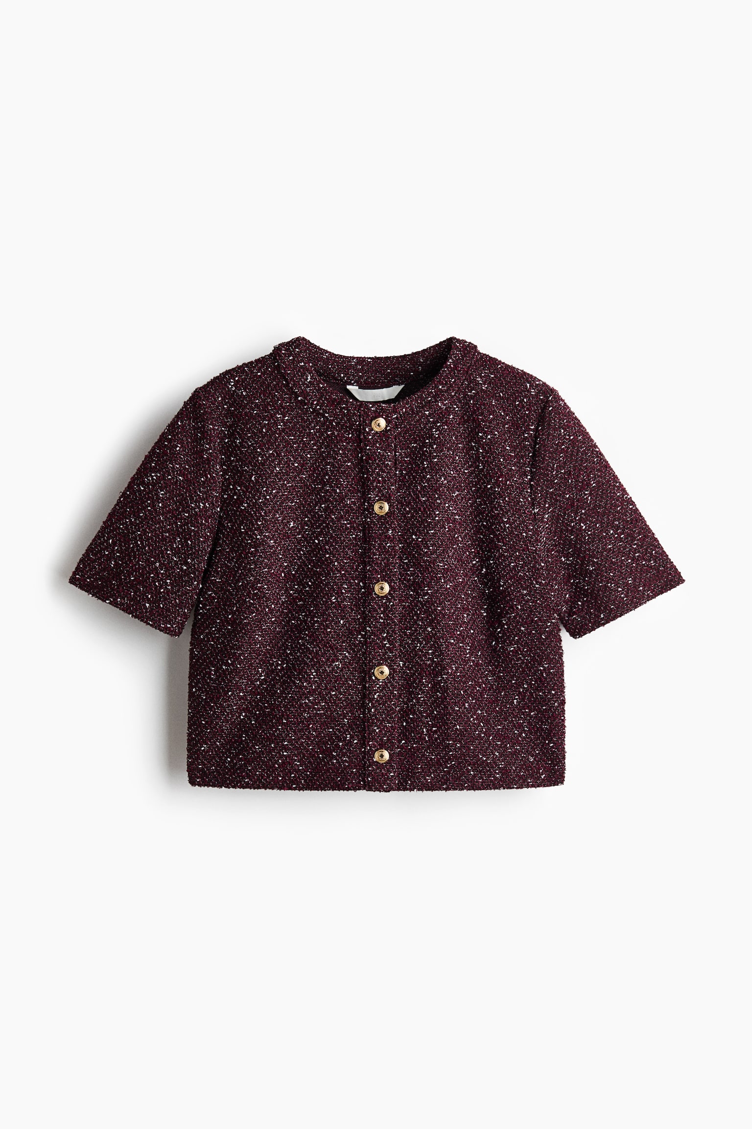 Short-sleeved bouclé-knit cardigan - Burgundy/Navy blue/Light greige