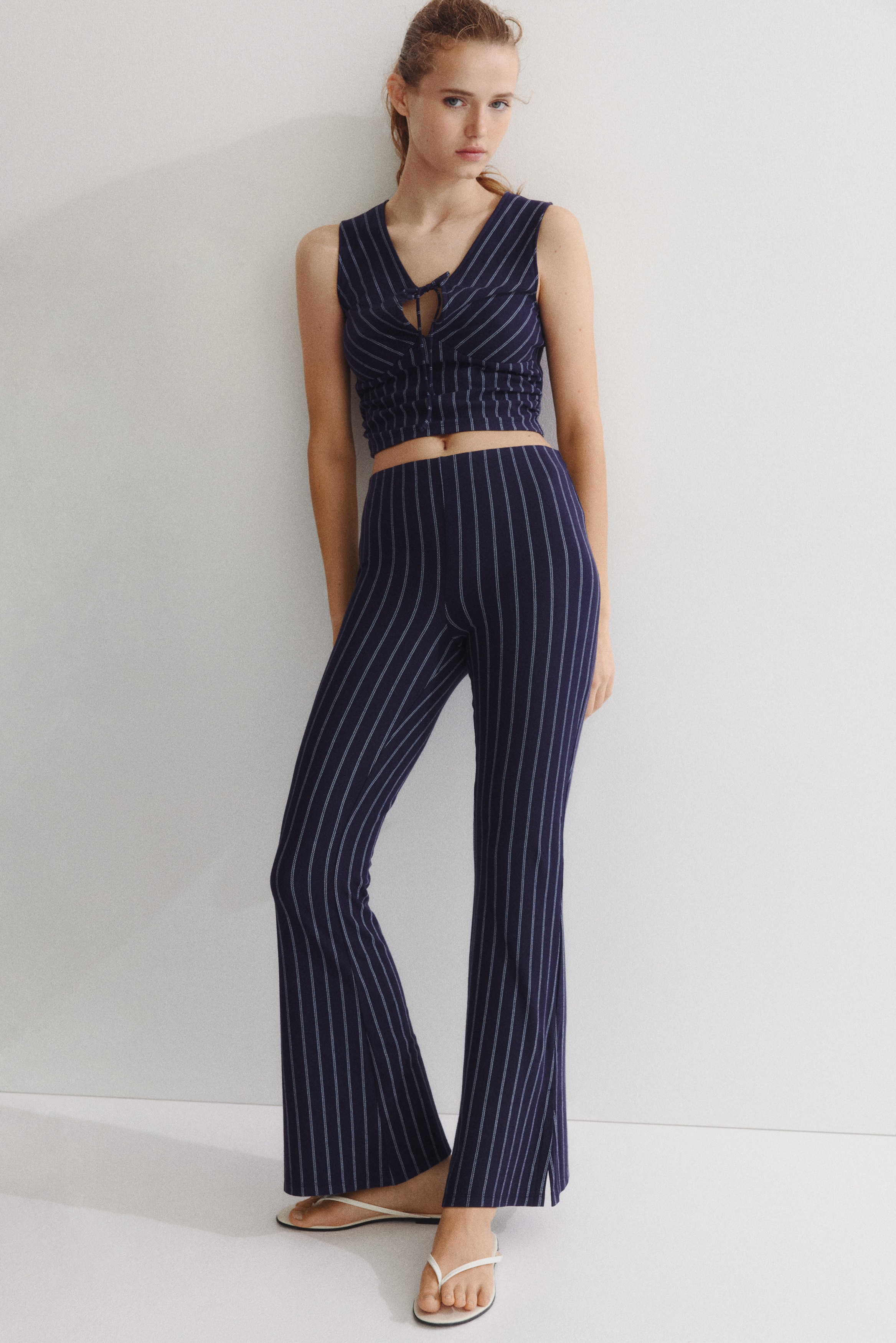 Flared jersey trousers - Navy blue/White striped/White/Black striped