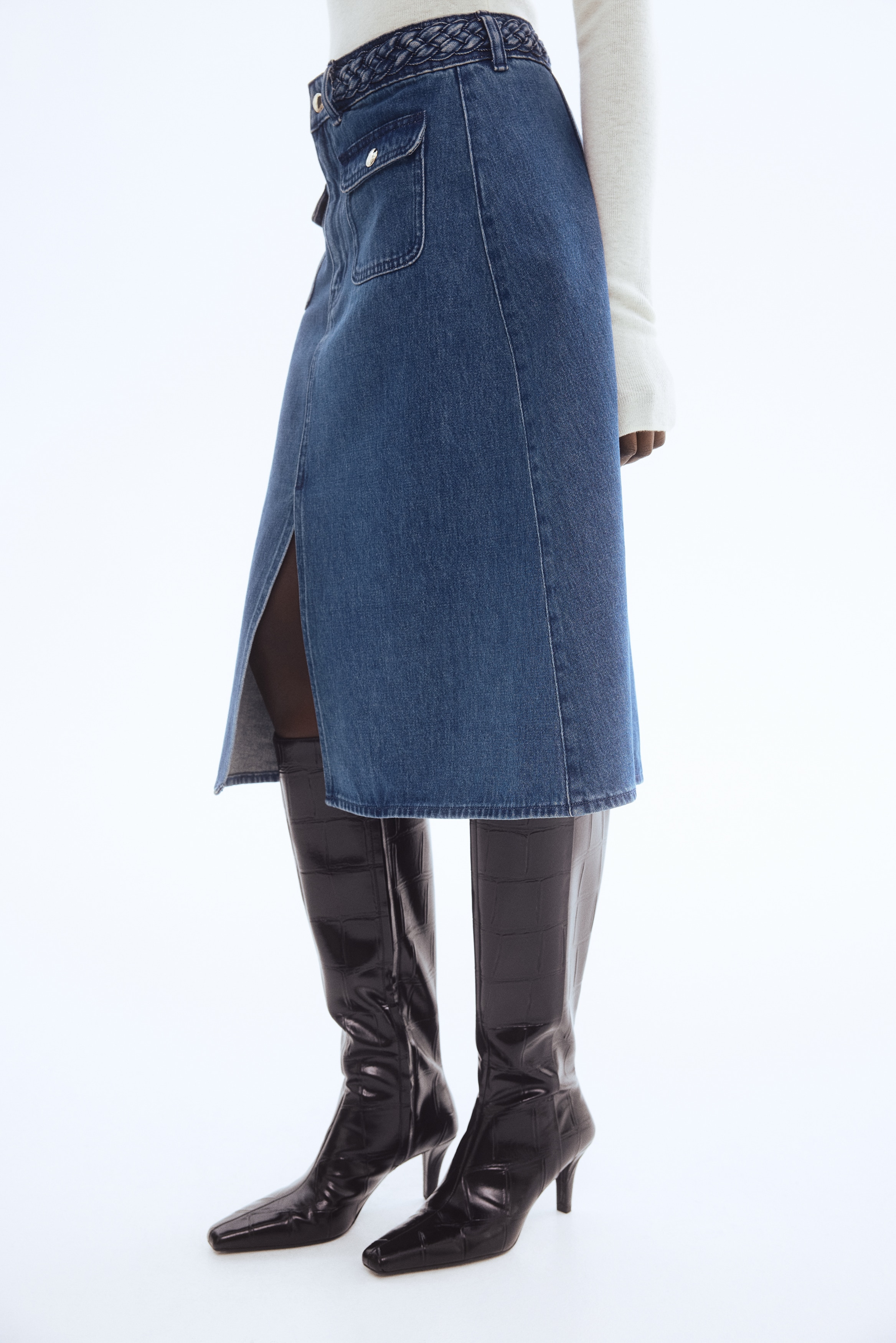 Braided-trim denim skirt