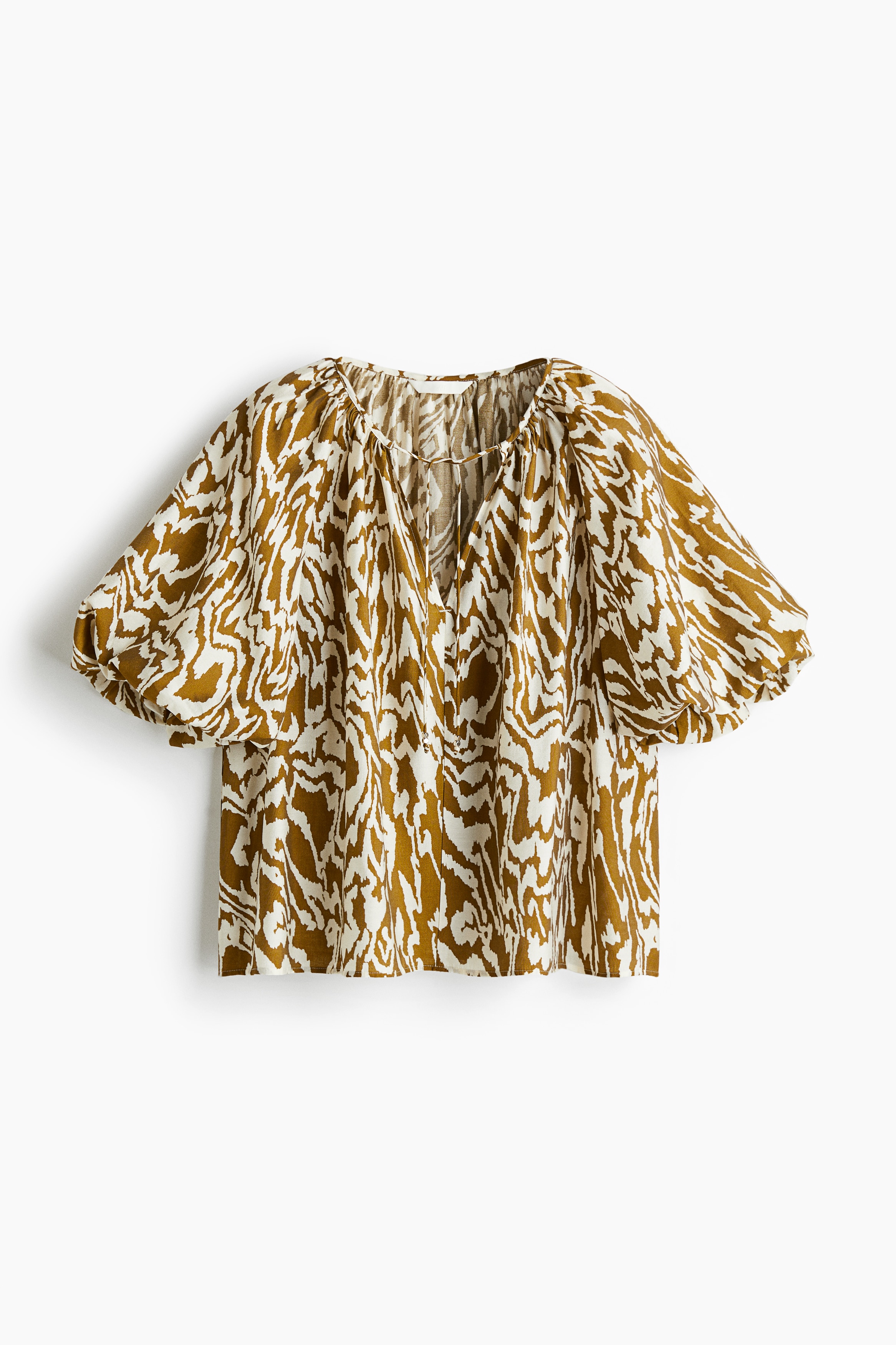 Balloon-sleeved blouse - Khaki green/Patterned