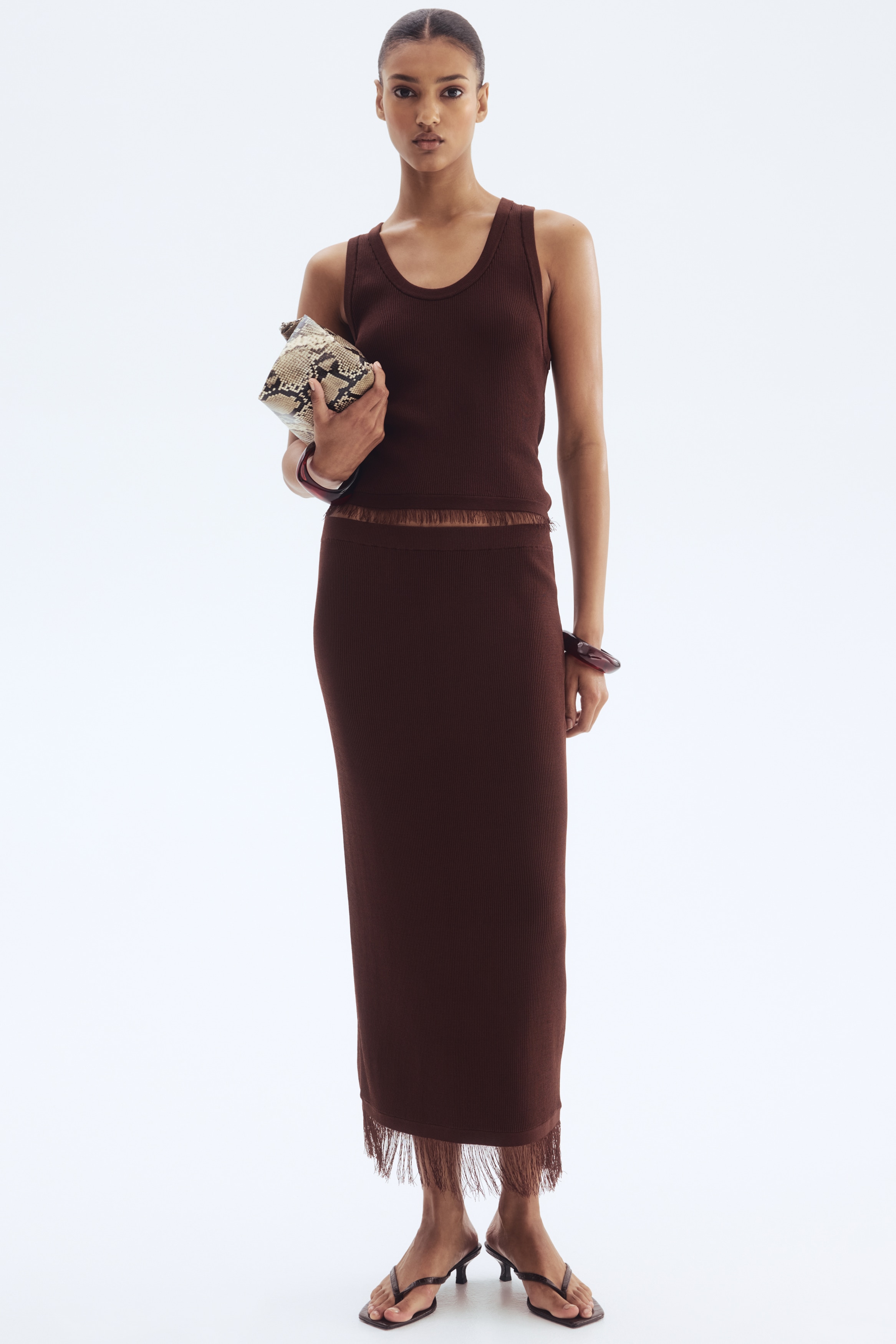 Püsküllü Etek - Koyu kahverengi/Beyaz