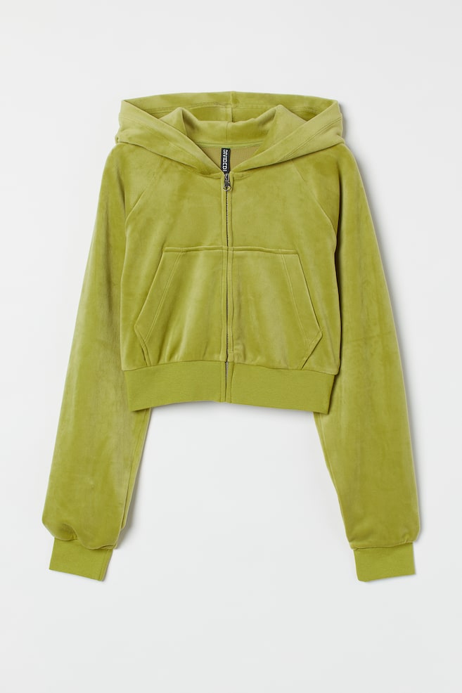 Cropped velour hoodie - Yellow-green/Brown - 1