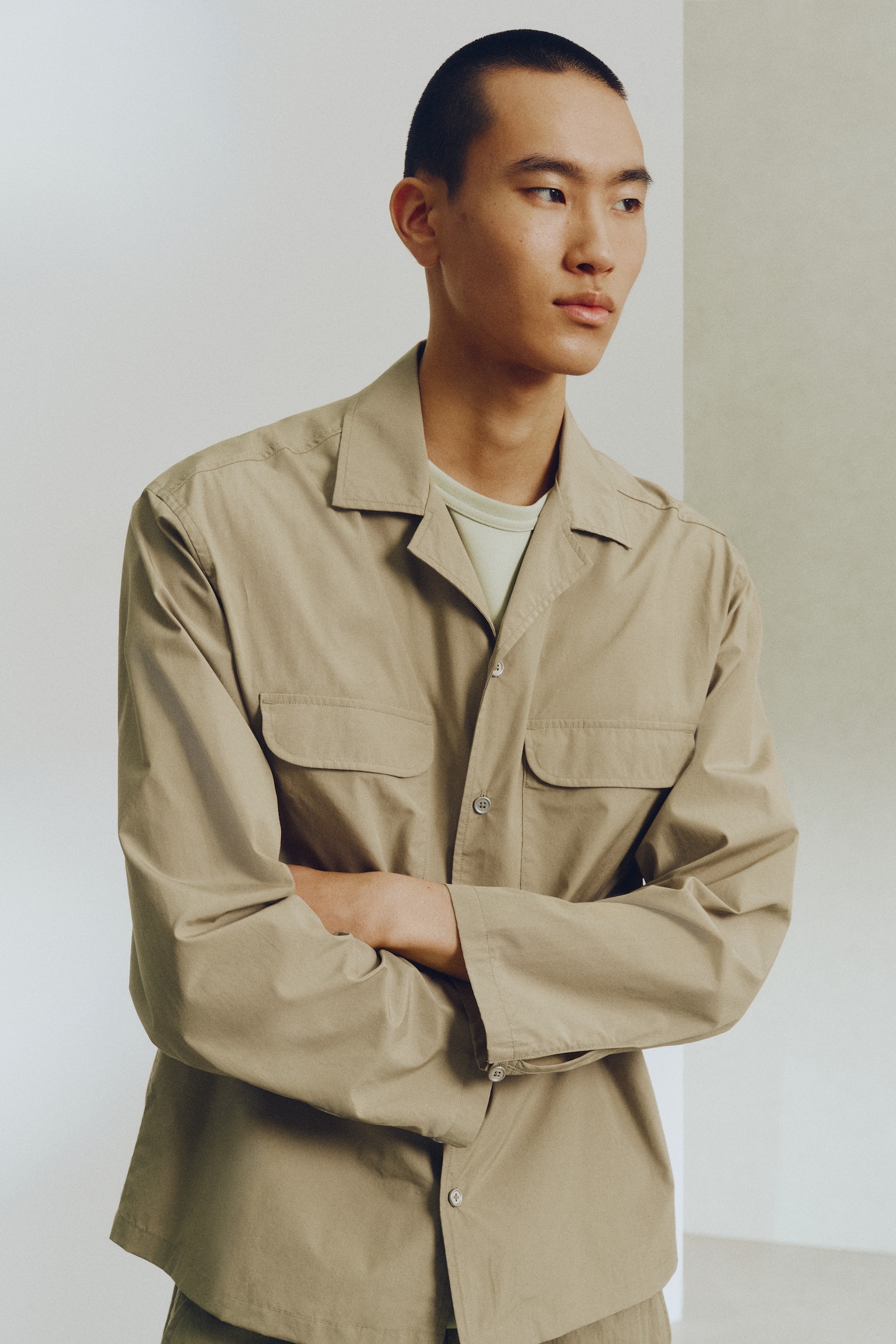 루즈핏 코튼 캠프 셔츠 - 카키 그린 - 1
