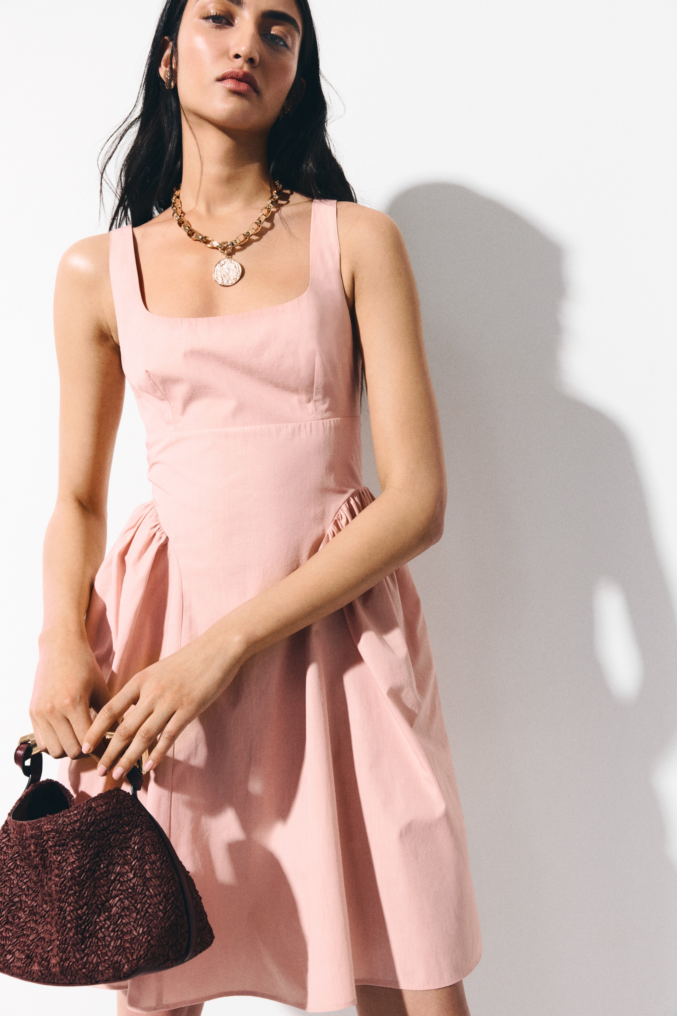 Flared-skirt cotton dress - Powder pink